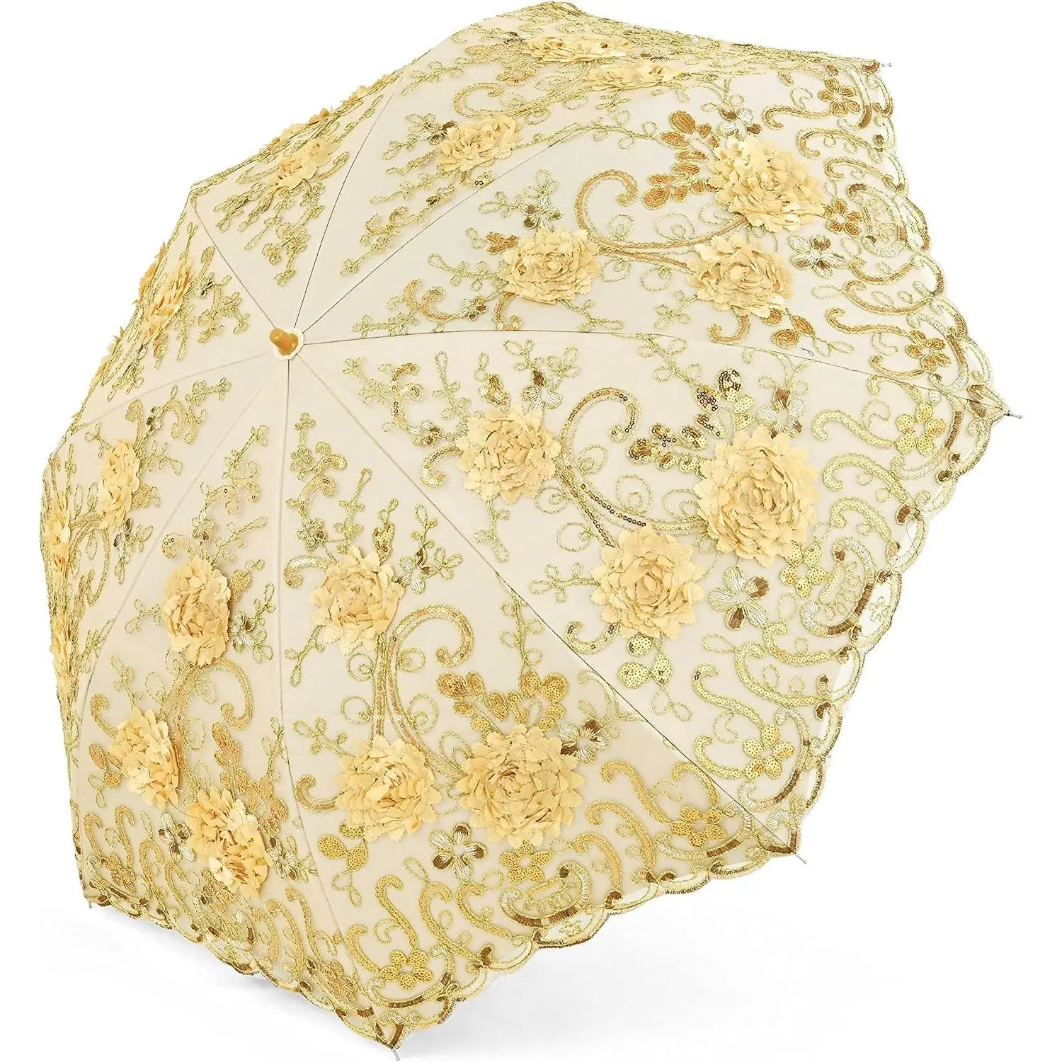 Vintage Lace Fabric Parasol - UPF50+ Ultraviolet-Proof Folding Umbrella with Floral Embroidery, Vinyl-Plastic-Metal Construction, for Wedding, Photo Shooting (Women's Occasion Accessory)