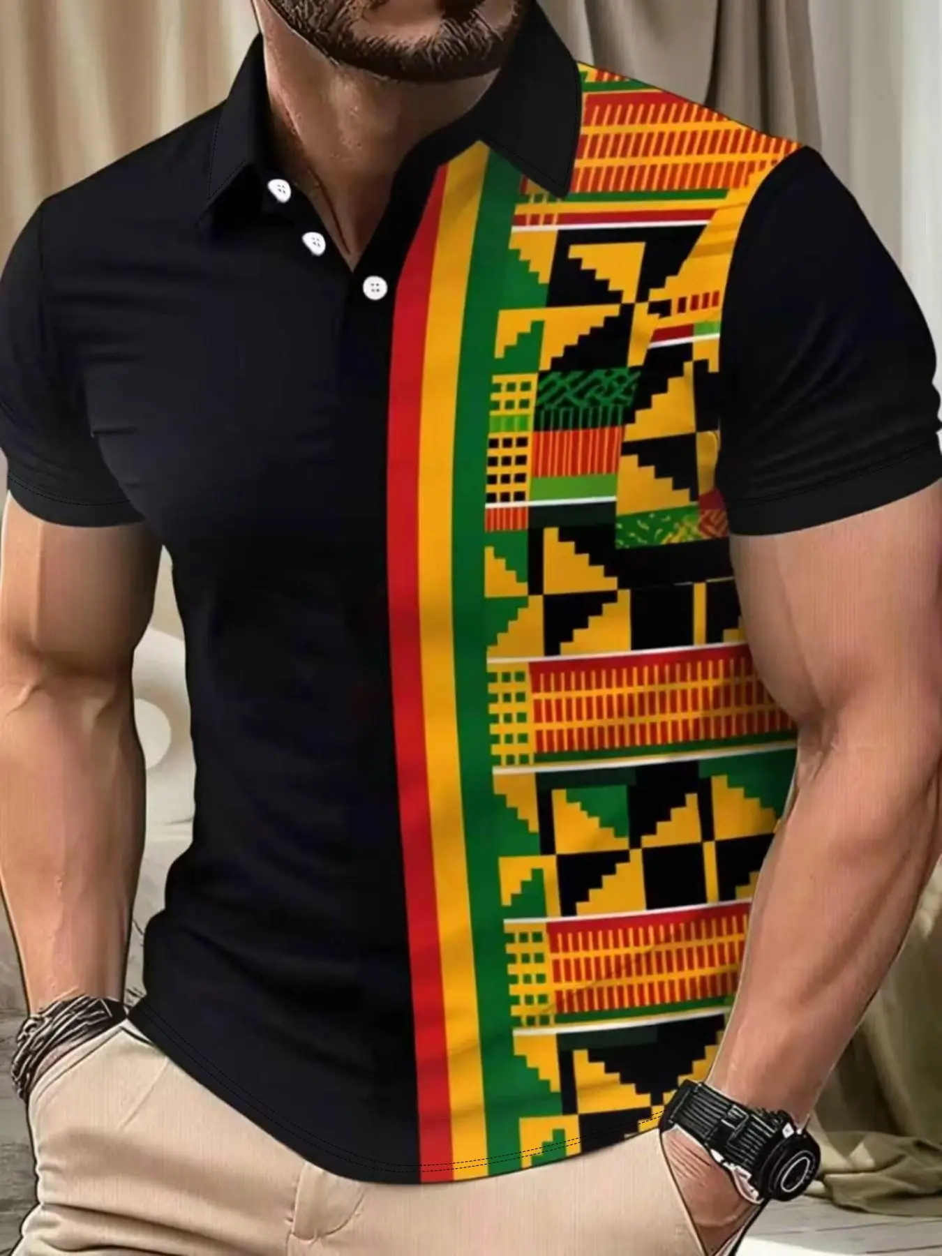 Men's African Print Polyester Polo Shirt, Mens Polo Shirt, Vibrant Colors, Lightweight Durable Fabric, Casual Office Wear, Comfortable Fitted Short Sleeve Top for All Seasons