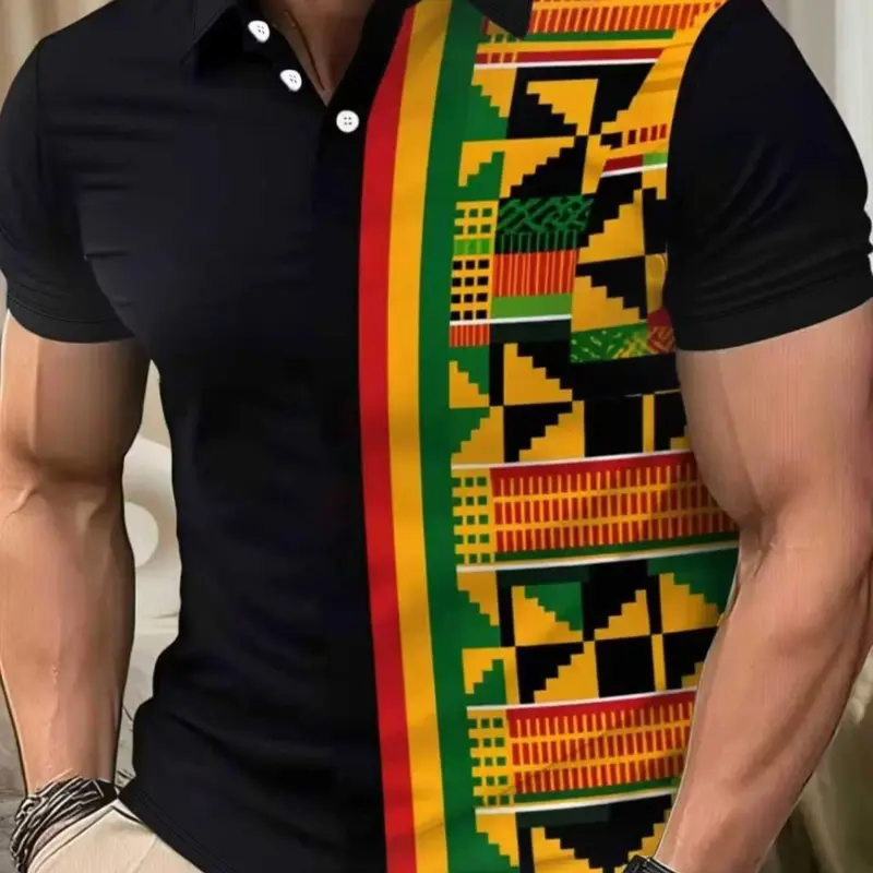 Men's African Print Polyester Polo Shirt, Mens Polo Shirt, Vibrant Colors, Lightweight Durable Fabric, Casual Office Wear, Comfortable Fitted Short Sleeve Top for All Seasons