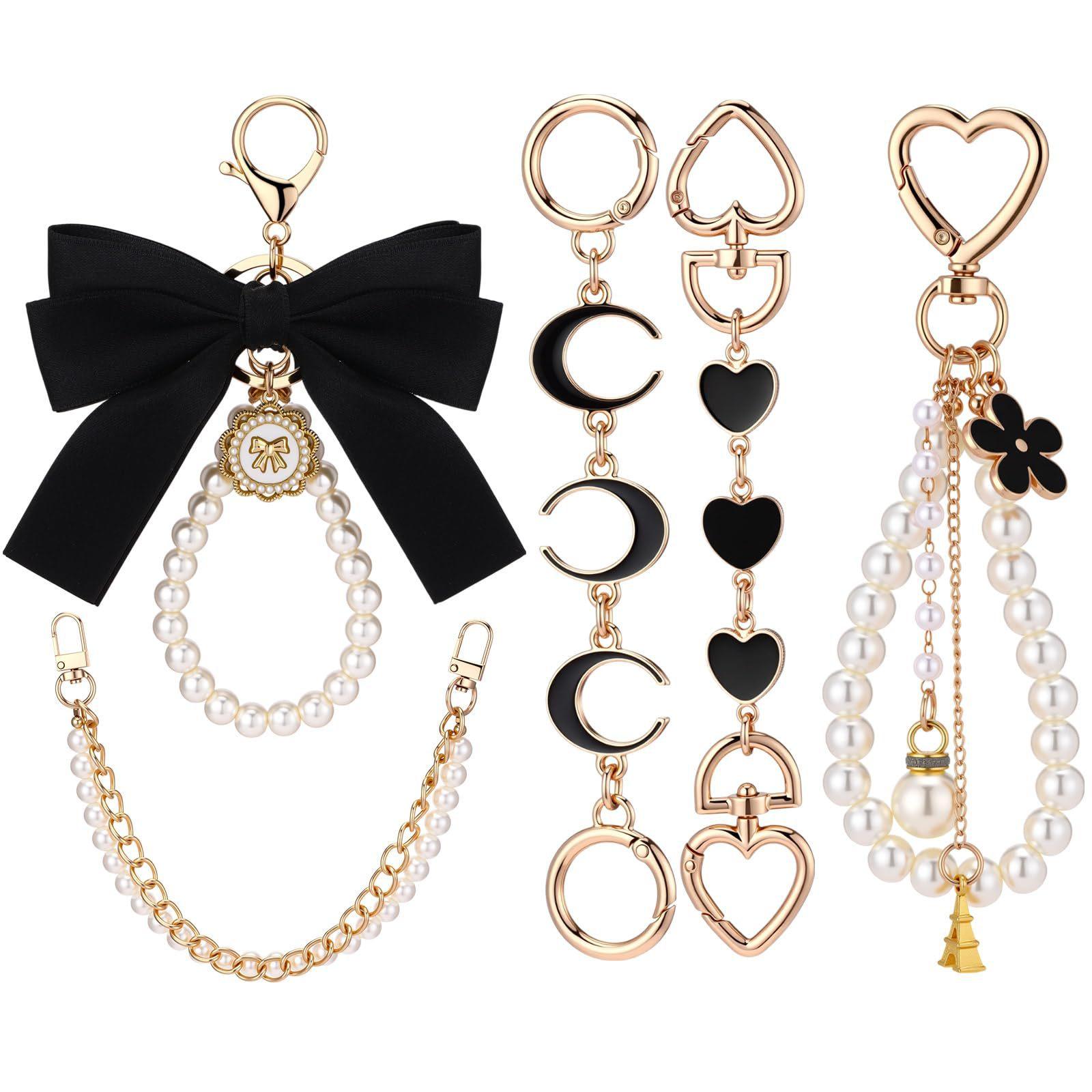 5 Pcs Bag Extender Chain Gold Pearl Purse Chain Ribbon Bow Keychain Extender Bag Strap Purse Charms Accessories for Handbag Y2K Aesthetic Bag Accessories Bag Charm Keychain Accessory Gifts for Women keychains for women