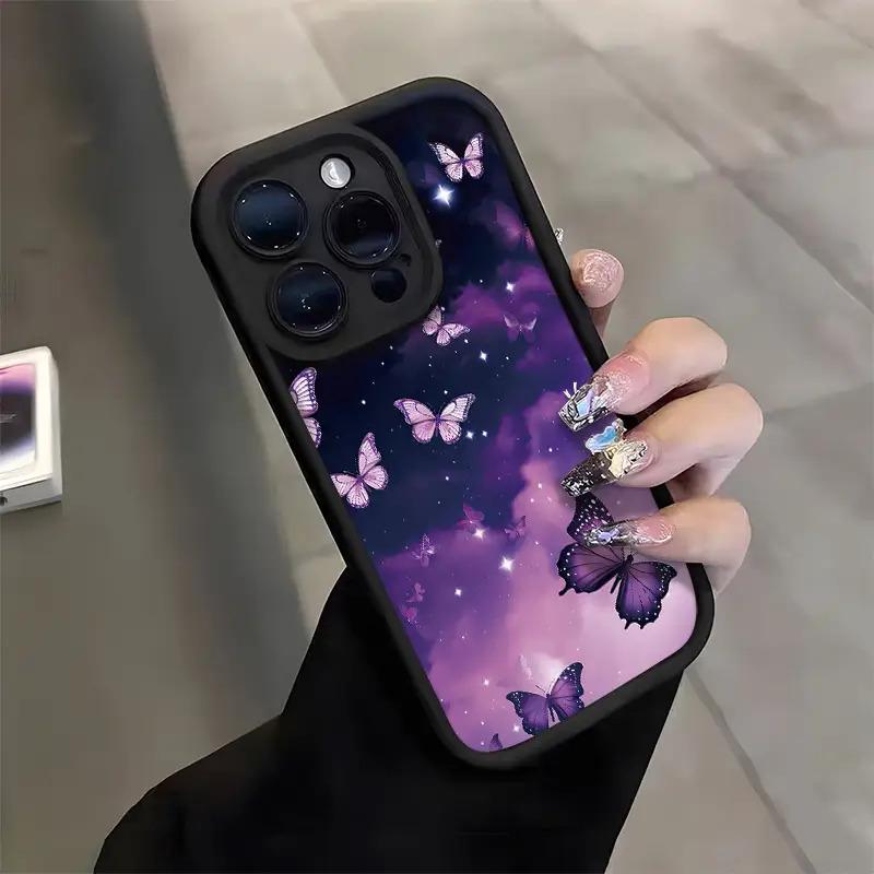 Dreamy Purple Starry Sky Butterfly Pattern Mobile Phone Case,phone Case Suitable for Iphone 11/12/13/14/15/16/17 Pro Promax Plus Air and Samsung S22/S23/S24/S25 Plus Ultra Fe,TPU Anti-Fall Protection Soft Case