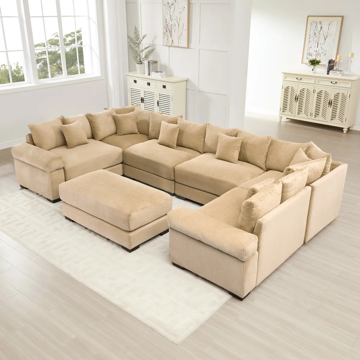 Aobtkel Oversized Cloud Modular Sectional Couch - Convertible, Thick Armrests, Cozy Premium Corduroy, Solid Ergonomic Design, Deep Seat, Included Ottoman, Easy Assembly, for Living Rooms, Blue WL