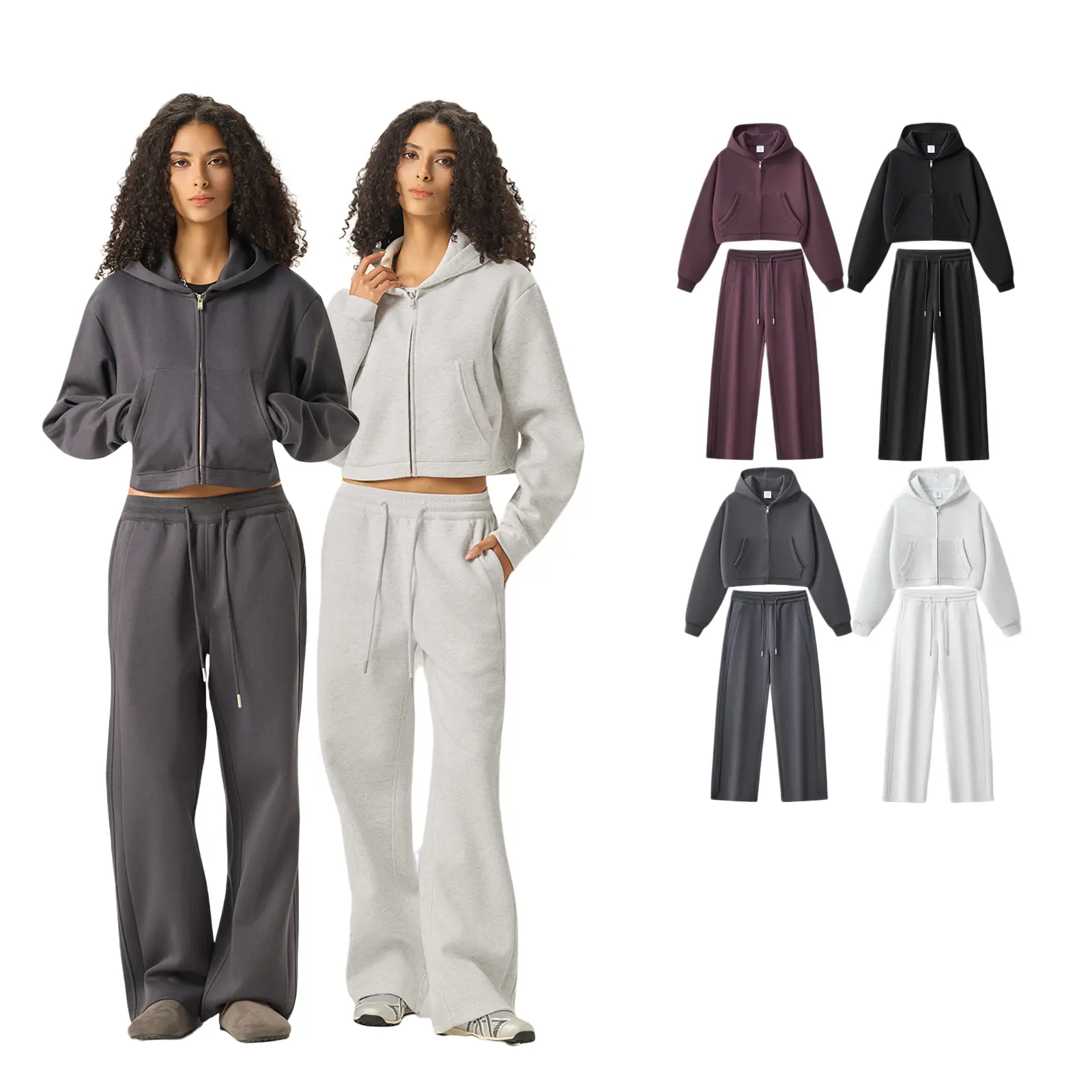 Women's 2-Piece Boxy-Fit Zip-Up Cropped Hoodie & Sweatpants Tracksuit, American Y2K Hot-Girl Outdoor Casual Sports & Outdoor Clothing Set