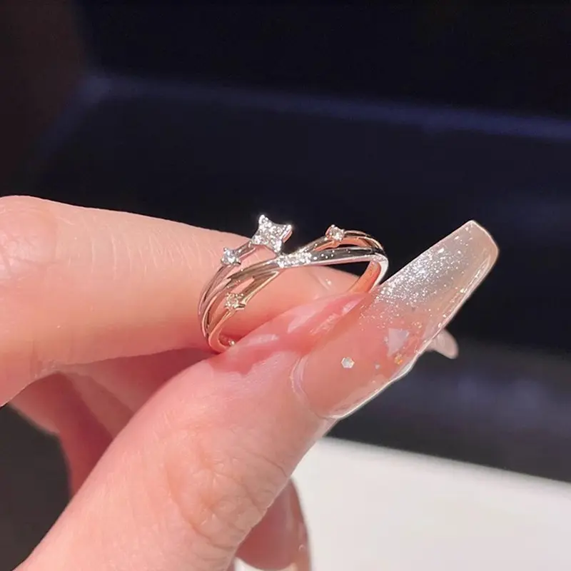 Women's Sunrise Wish Zircon 4-Pointed Star Ring - Light Luxury, Fashionable, Elegant Galaxy Pattern Adjustable Costume Jewelry