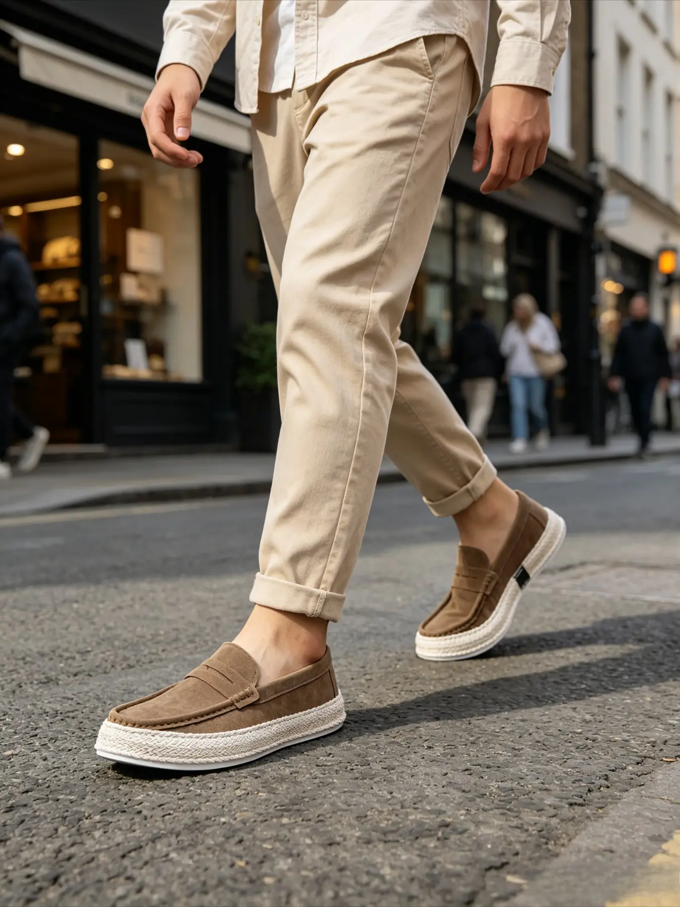 Men's Khaki Penny Slip-on Woven Platform Loafers Fisherman Shoes, Matte Suede, Handmade Linen Texture, Heightening, Lazy Man's Commuting, Self-driving, Light Business, Vacation, Jeans, Dress Pants, All-match Slip-on Casual Men's Shoes