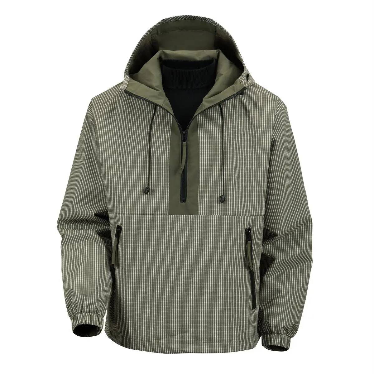 Men's Foldable Check Pattern Anorak Hooded Windbreaker, Half-Zip Front, Adjustable Drawstring Hood, Multiple Zipper Pockets, Smooth Wind-Resistant Material, Loose Cut Menswear Jackets & Coats for Spring Autumn Daily Matching