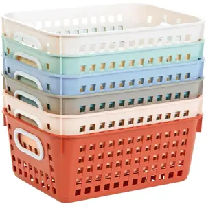 Medium Plastic Book Baskets, 11" by 7.5" by 4.5", 6 Pack, Boho Group Colors, Versatile Storage Solution for Classroom, Home, and Office