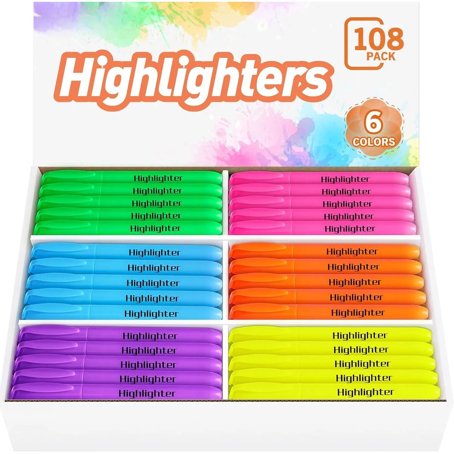 Highlighters, Chisel Tip Dry- Highlighter Markers, 108 Count-6  Colors Highlighters Bulk Pack for Adult , Office Classroom  Have, School Supplies for Teachers