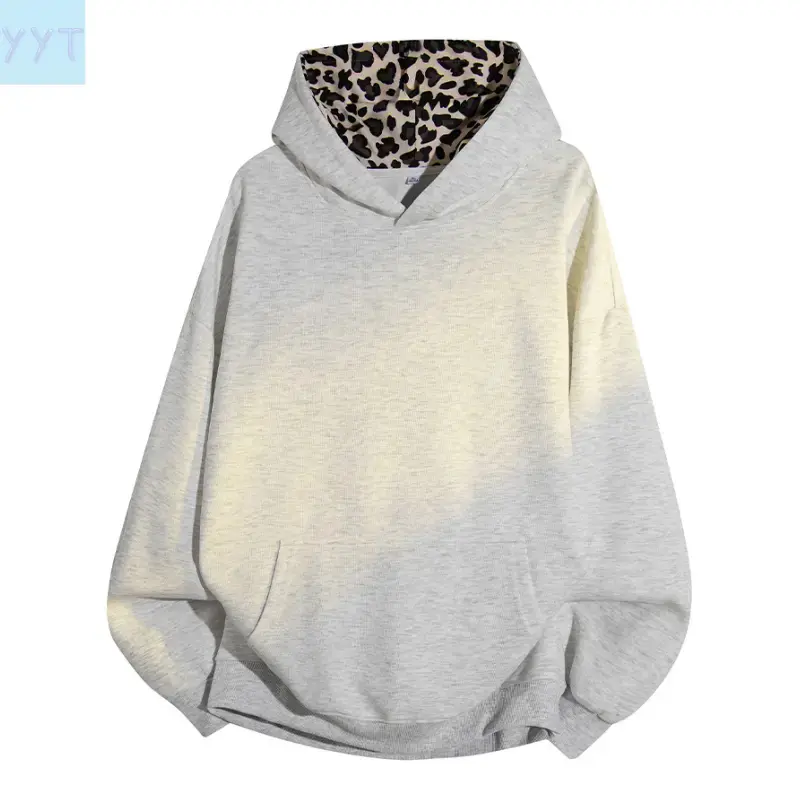 YYT1 Men's Fitted Retro Streetwear Polyester Pullover Hoodie - Plain Heather Grey Fleece, Leopard Print Lined Hood, Long Sleeve, Kangaroo Pocket