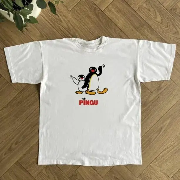 Unisex Japanese Pingu Graphic Print T-shirt, Trendy Popular Vintage Funny Animal Cotton Tee, Worth Buying Y2K Grunge Casual Streetwear Top