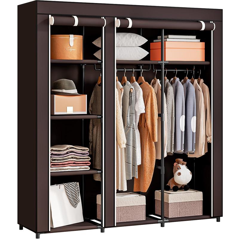 LINZINAR Portable Closet Large Wardrobe 51in Clothes Organizer with 2 Shelves 4 Hanging Sections Metal Frame Dustproof Home Bedroom Storage