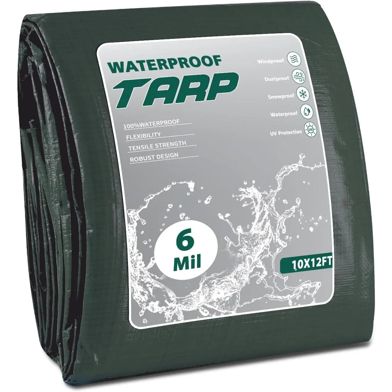 Heavy Duty  Tarp 10x12 FT, 6 Mil Thick Tarpaulin Cover with Reinforced Edges & Grommets - for Outdoor Camping, Roof, Boat, RV, Pool, Tent - Includes Utility Rope