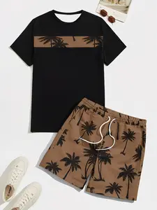 Men's Summer Cool Vacation Two-Piece Set, Colorblock Palm Tree Print Tee, Beach Surf Casual, Breathable Fabric, Round Neck T-Shirt, Drawstring Shorts，Unisex (Recommended ordering one size up),  shirt set for men,deals of the day