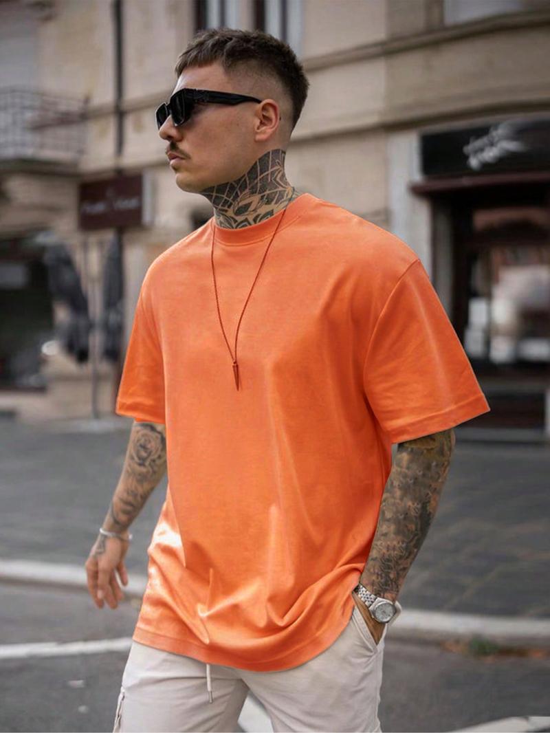 Men's Regular Fit Solid Drop Shoulder Half Sleeve Tee, Casual Comfy Round Neck T-shirt for Summer, Fashion Men's Top for Daily Wear
