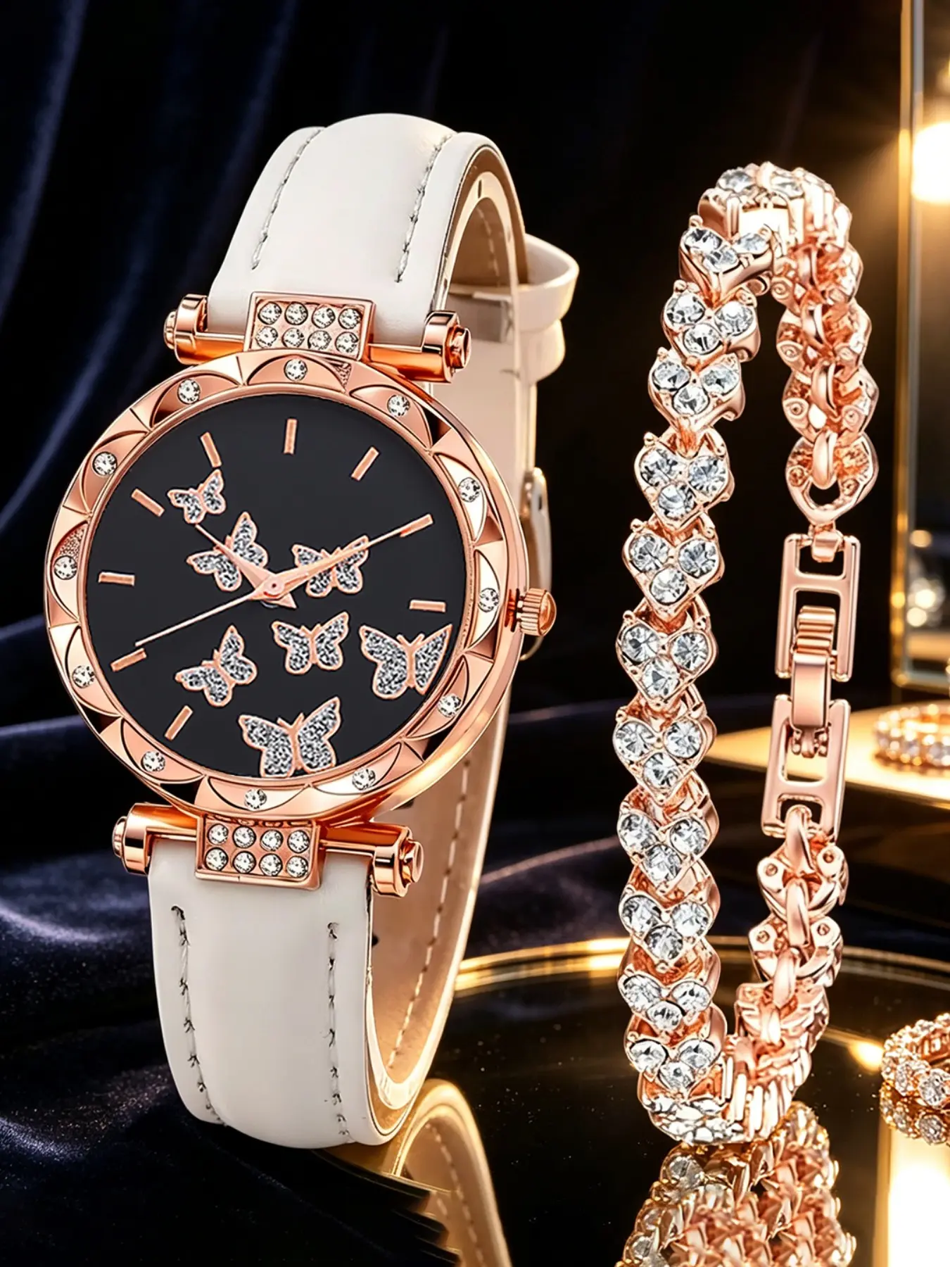 2pcs Elegant Dial Butterfly Quartz Watch Set, Rose Band, Gift Idea for Holidays & Special Occasions, Ideal Present for Loved Ones