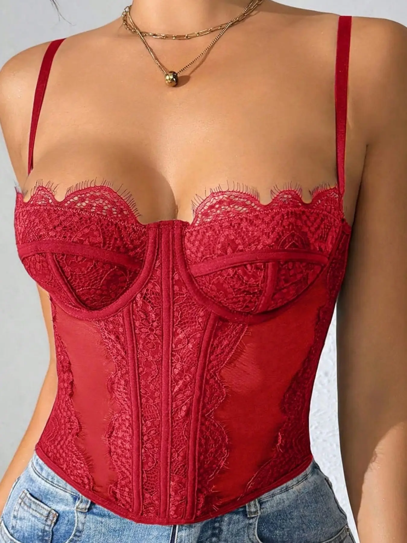 1 Count Women's Fashion Pure And Innocent Style Inner Wear Outer Layer Lace Sexy Waist Trainer,  Women'S Body Shaping Fishbone Bustier Cami Vest Ladies Tight Lingerie, Lace Bustier Corset Tops, Sexy Going Out Party Club Top