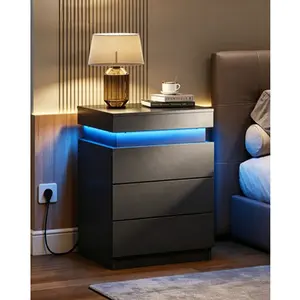 Nightstand with LED Lights & Charging Station, 3 Drawers, Sliding Top & Hidden Storage for Bedroom