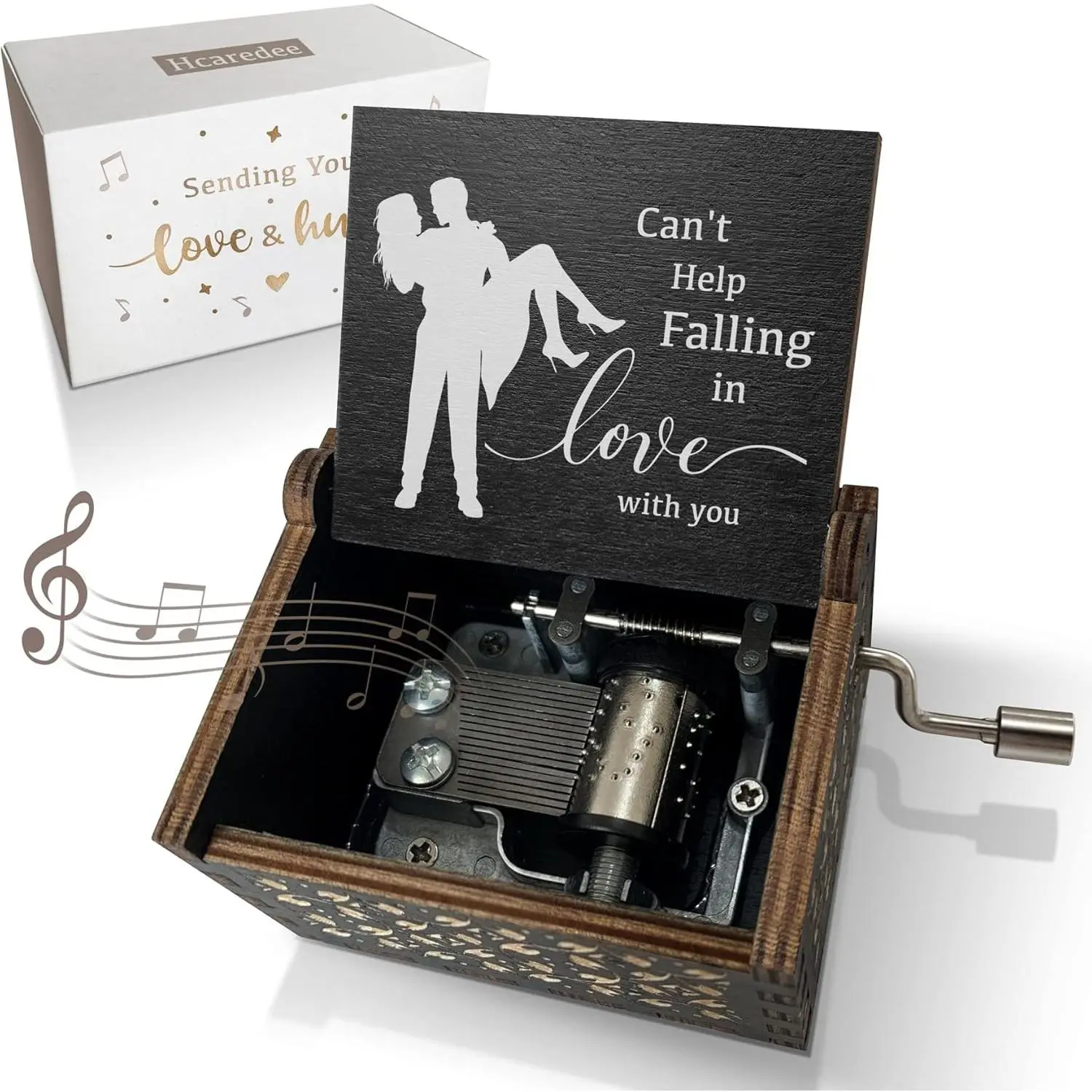 Hand Crank Engraved Wooden "Can’t Help Falling in Love" Music Box, Black Decoration Gift for Partner, Ideal for Birthday-Anniversary Occasions