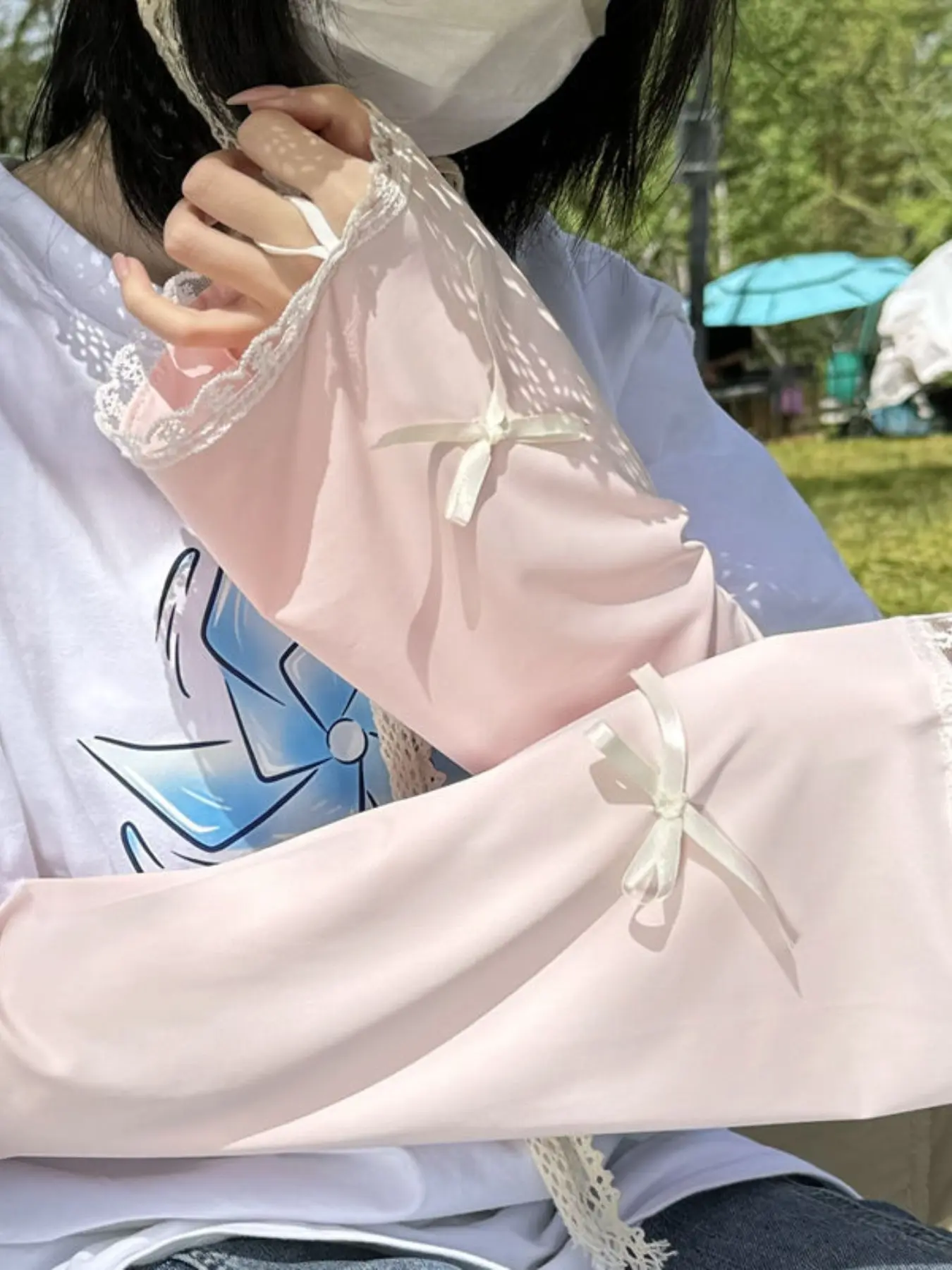 Sweet Bowknot Lace Protective Arm Sleeves, Solid Color Elastic Arm Protector, Summer Car Driving Sun Protection UV Upper Garment Accessory