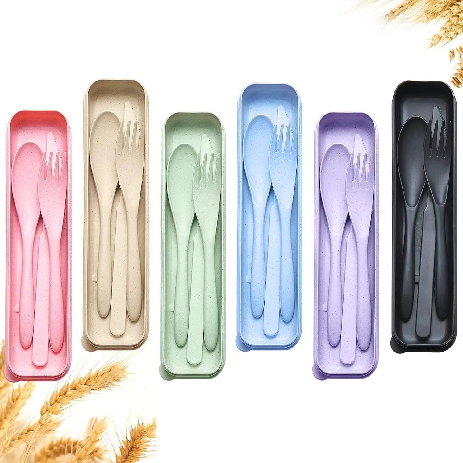 Reusable Travel Utensils Set with Case, 6 Sets Wheat Straw Portable Knife Fork Spoons Cutlery, Eco-Friendly BPA Free Plastic Tableware for Adults Travel Picnic Camping Utensils