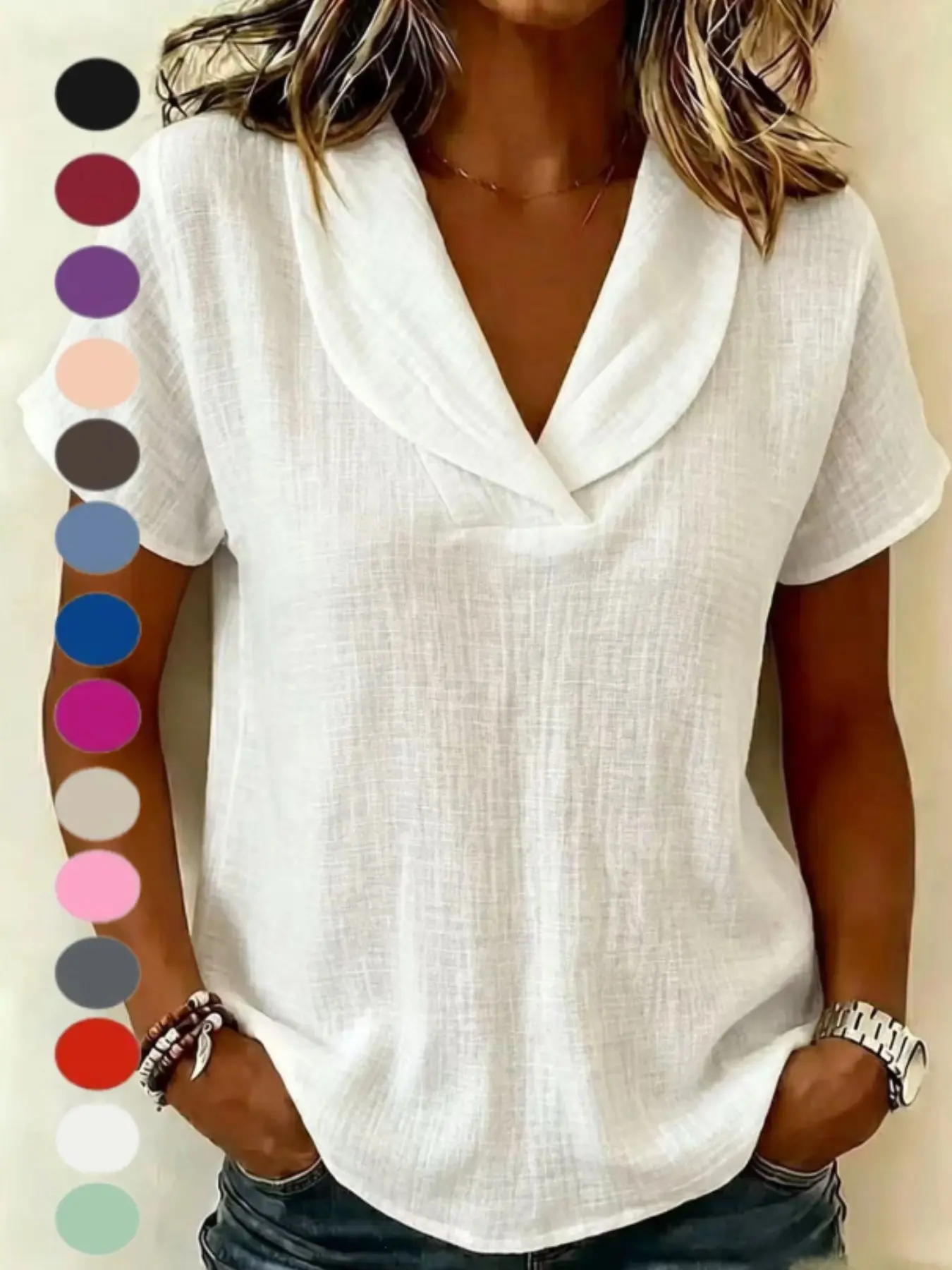 Women's Summer Knitted Short Sleeve Loose Top, Linen Babydoll Neck, European and American Style, Casual New Design 2026, Independent Store, Soft, Fashion