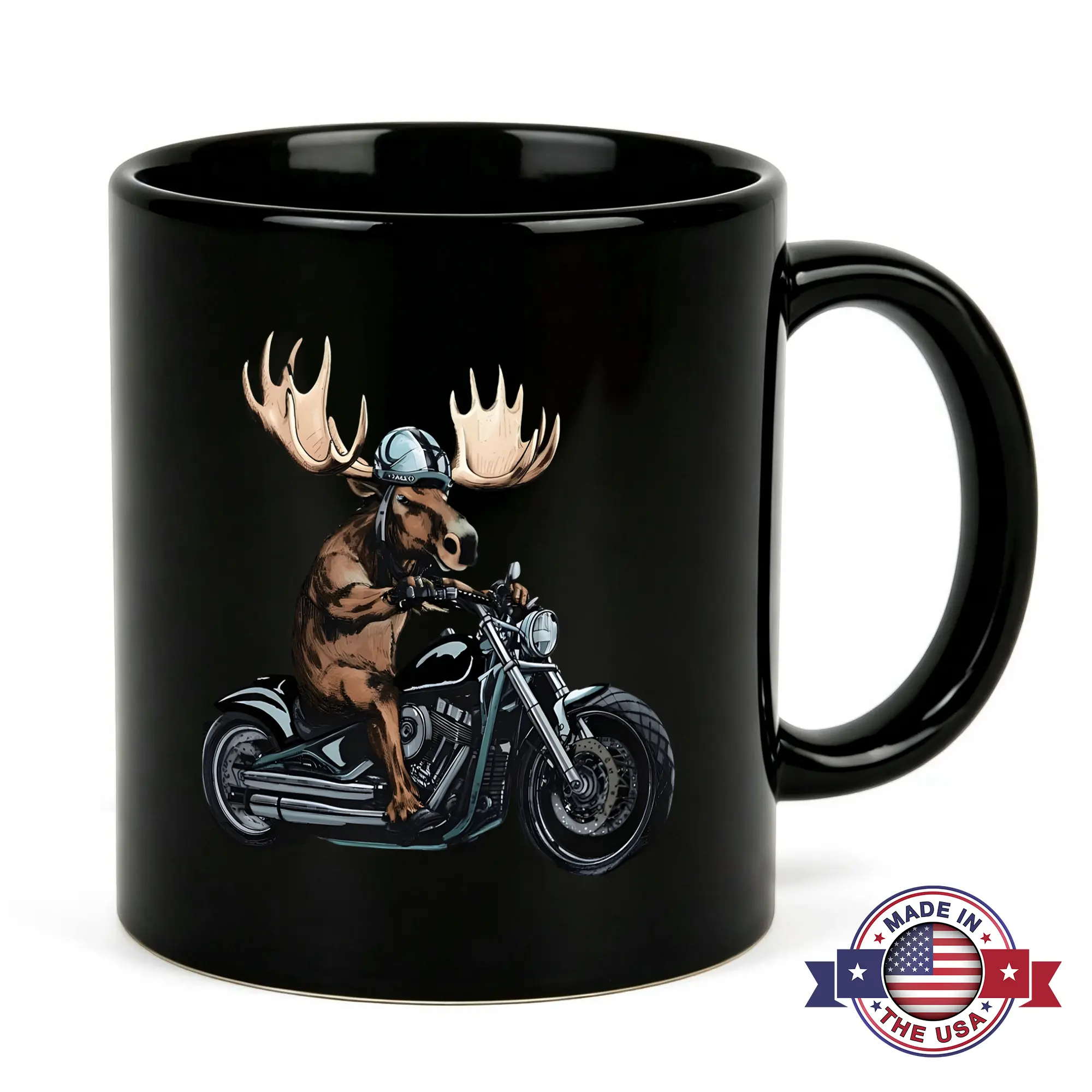 Funny Motorcycle Moose Coffee Mug 11oz Black Ceramic Biker Animal Humor Cup Cool Edgy Graphic Novelty Gag Gift for Men Dad Grandpa Husband Motorcycle Enthusiast Rider Outdoorsman Hunter Garage Cabin Decor Father's Day Birthday Present