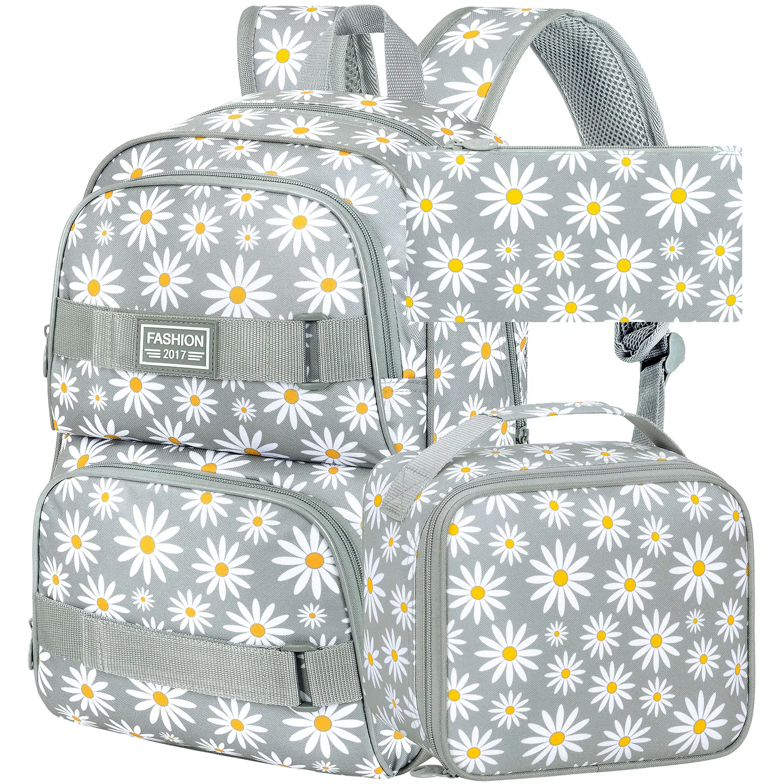 3PCS Daisy Girls Backpack, 17 Inch Laptop School Bookbag Teen College Water Resistant Kids Backpacks with Lunch Box Set - Grey
