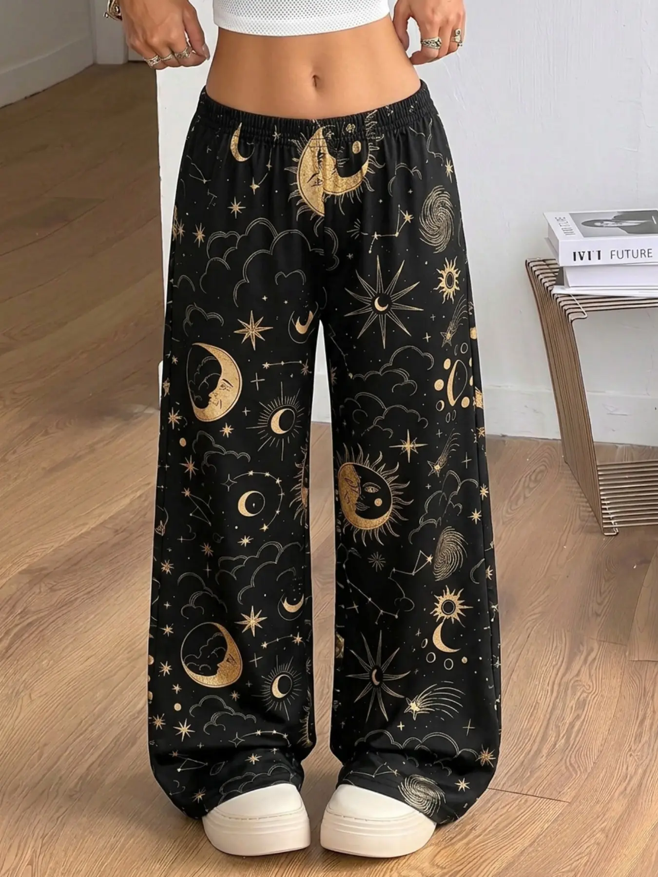 Women's Trendy Long Pants, Casual Pants, Celestial Sun Moon Graphic Printed Vintage Loose Wide Leg Pants, Boho Style Bohemian Women's Long Pants, Fashionable Streetwear, Suitable for Avant-Garde Daily Outing Lounge Bottoms
