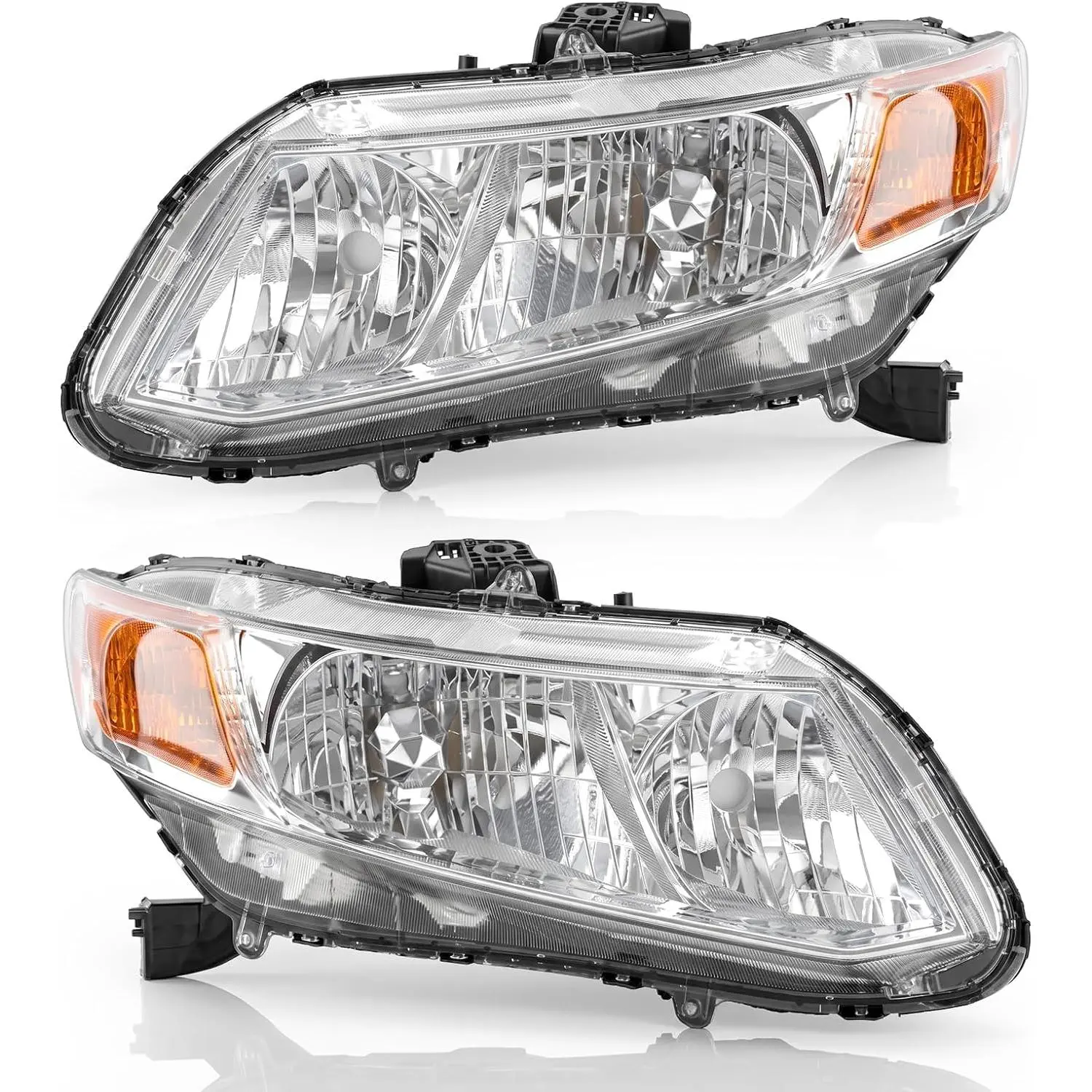 TRIBLE SIX 2012-2015 Honda Civic 4Dr Sedan & 2Dr Coupe, Headlights Replacement Assembly, Chrome Housing with Amber Reflector, Driver & Passenger Side Halogen Headlamp, Without Bulbs, HO2503144 HO2502150 HO2503150
