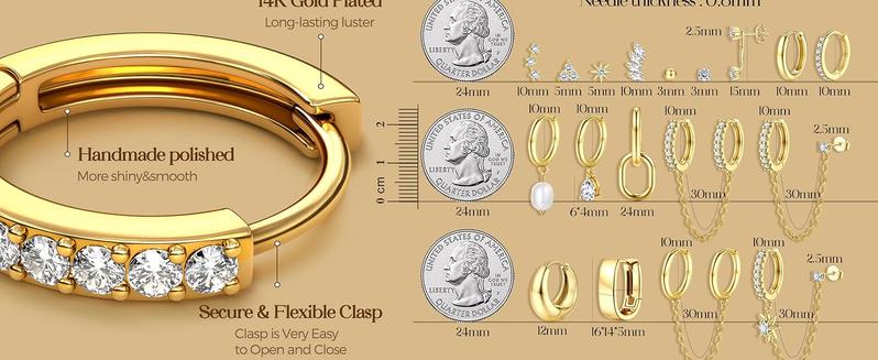 LOLIAS Gold Hoop Stud Earring Stacks for Women - 14K Gold Plated Chain Cartilage Earrings Cute Hypoallergenic Silver Huggie Earrings Sets for Multiple Piercing Jewelry Lightweight 8Pairs
