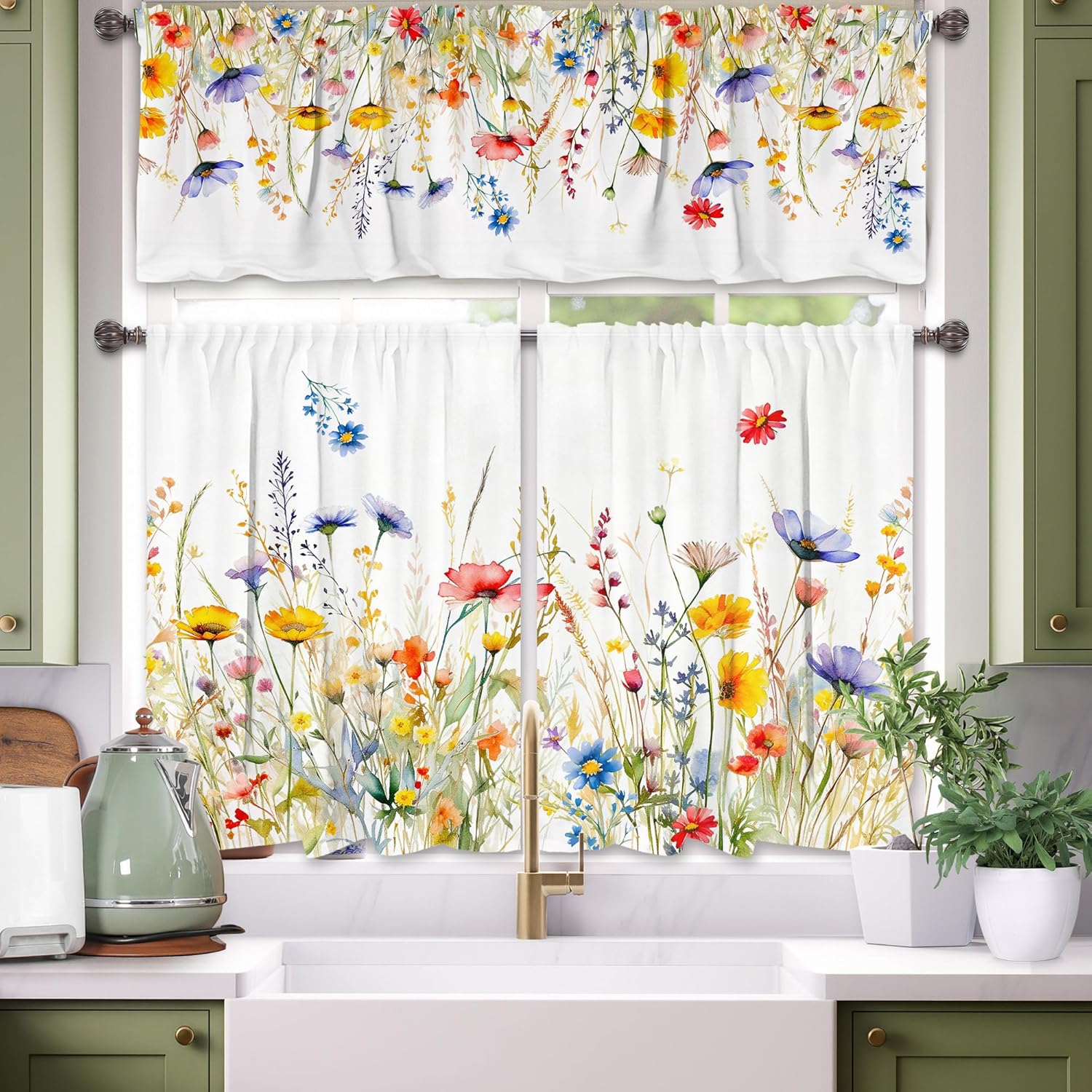 3 Piece Spring  Curtains and valances Set, Random 2 Styles Summer Floral Cafe Curtain 36 inch Length Black & White Buffalo Plaid  Decor kitchen