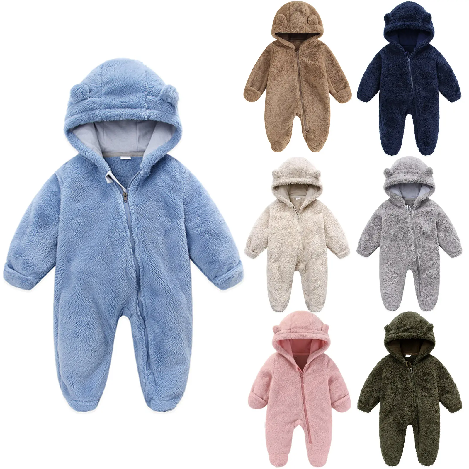 Toddler Infant Baby Boy Girl Romper Snowsuit Long Sleeve Bear Shaped Footies Hooded Button Up Full Length Plush Zipper Closure Winter Warm Fuzzy Fleece Jumpsuit