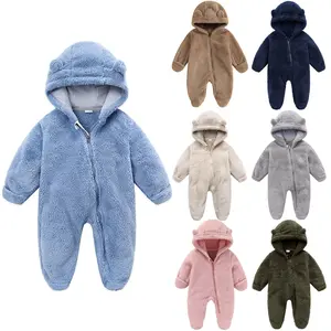 Toddler Infant Baby Boy Girl Romper Snowsuit Long Sleeve Bear Shaped Footies Hooded Button Up Full Length Plush Zipper Closure Winter Warm Fuzzy Fleece Jumpsuit