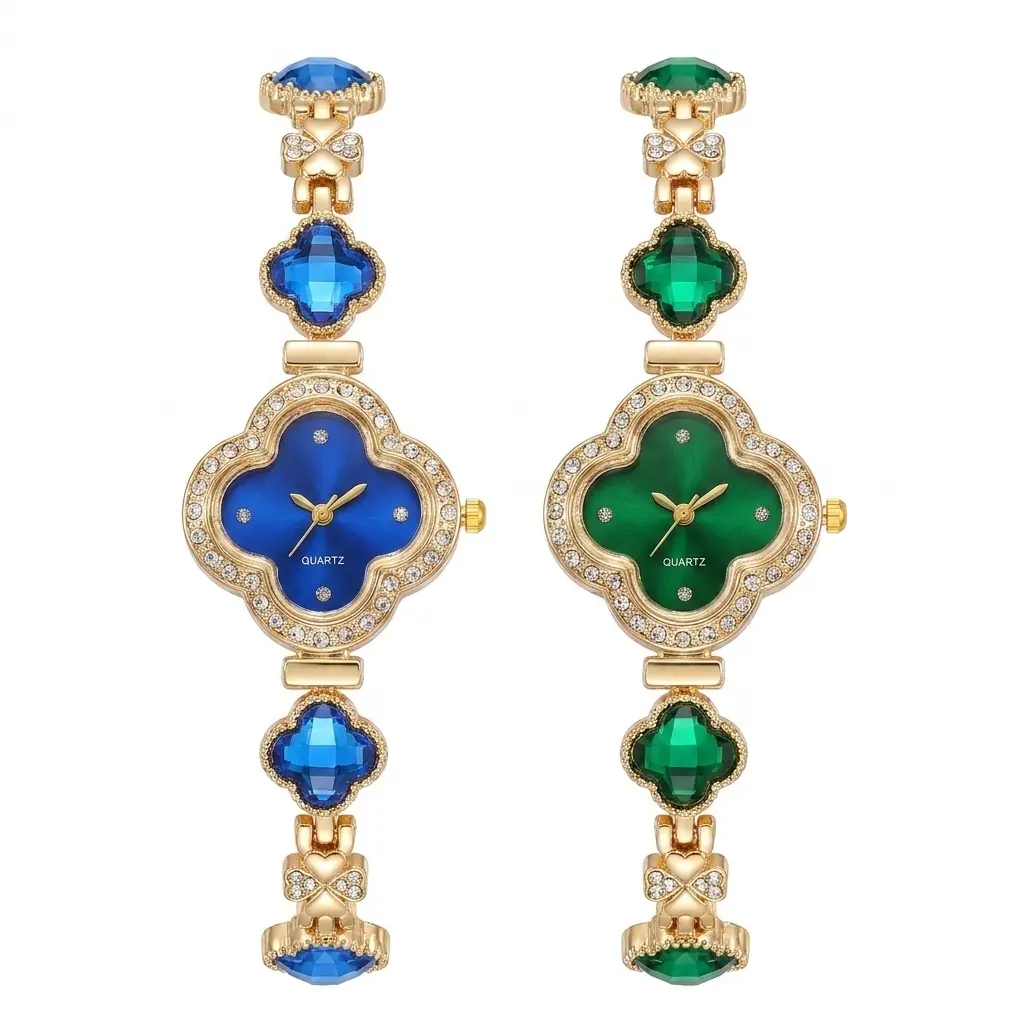 Women's Elegant Clover Quartz Watch, Gold-Tone Jewelry Bracelet with Crystal Accents, Bow-Knot Detail, and a Vibrant Gemstone Dial, Fashionable Stylish Watch, Gemstone Wristwatch, Jewelry Watch