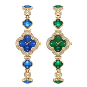 Women's Luxury Clover Art Gold-Tone Quartz Wristwatch - Bow-Knot Accent, Diamond-Like Crystals, Vibrant Gem Dial, Elegant Dress Style for Everyday & Special Occasions, Fashion Watches & Accessories for Women with Bracelet Design
