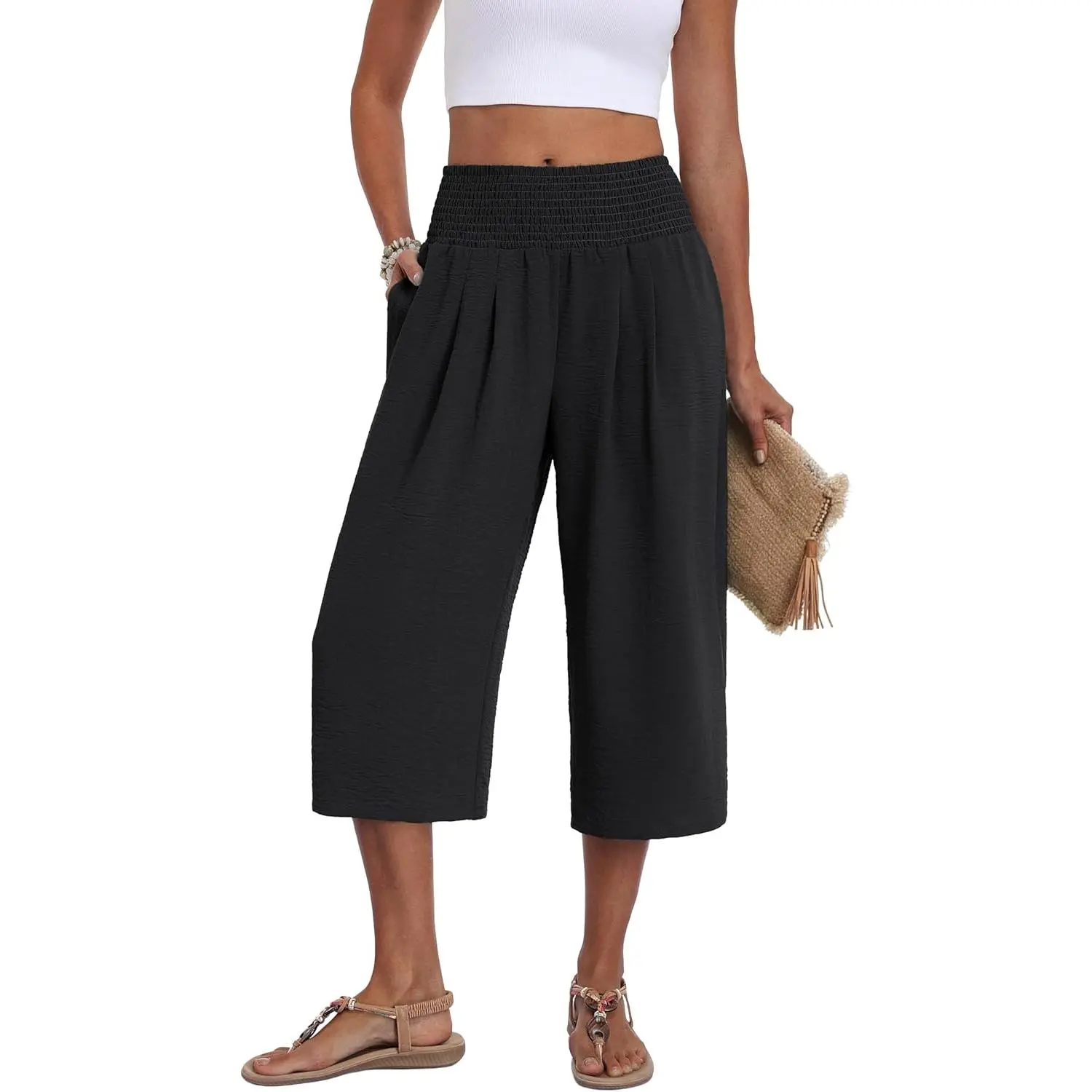Women's Breathable Wide Leg Cropped Pants, High Waisted Baggy Culottes with a Comfortable Elastic Waist and Pockets for Summer, Basic, Elegant, Everyday, Fabric, Fit, Leg Pants, Style, Loose, Soft, Pocket Convenience, Casual, Bottoms