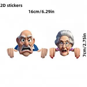 funny grandparent car stickers - vinyl decals of an elderly couple with exaggerated expressions, made of durable PVC material, suitable for cars, trucks, SUVs, motorcycles, laptops, and water bottles. Humorous bumper stickers can be used as Christm