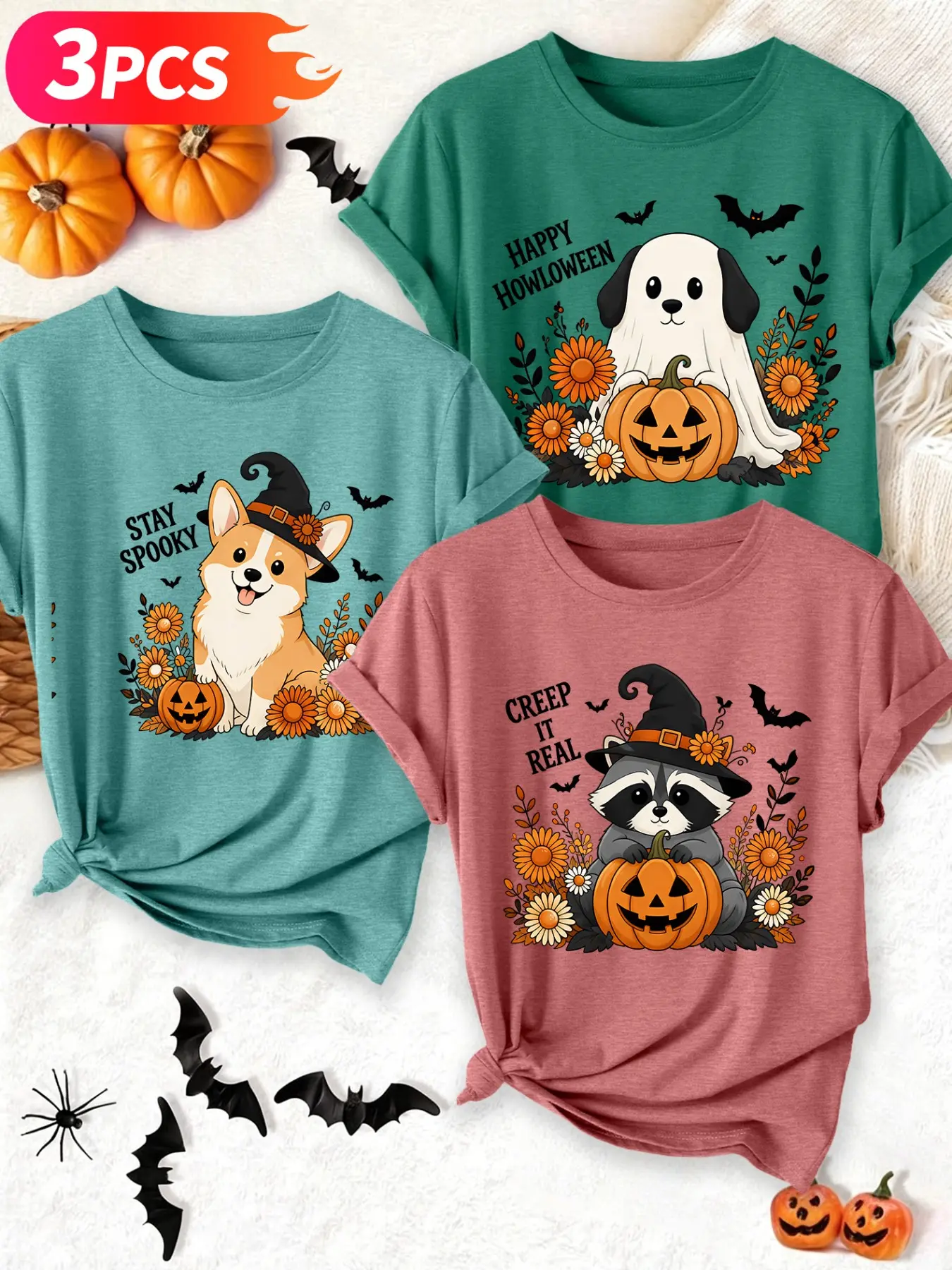 3Pcs Women Crew Neck T-Shirt, Cute Corgi Raccoon Ghost Funny Halloween Print, Multi-color Available, Machine Washable, Soft Skin-friendly Spring Summer Daily Stylish Top