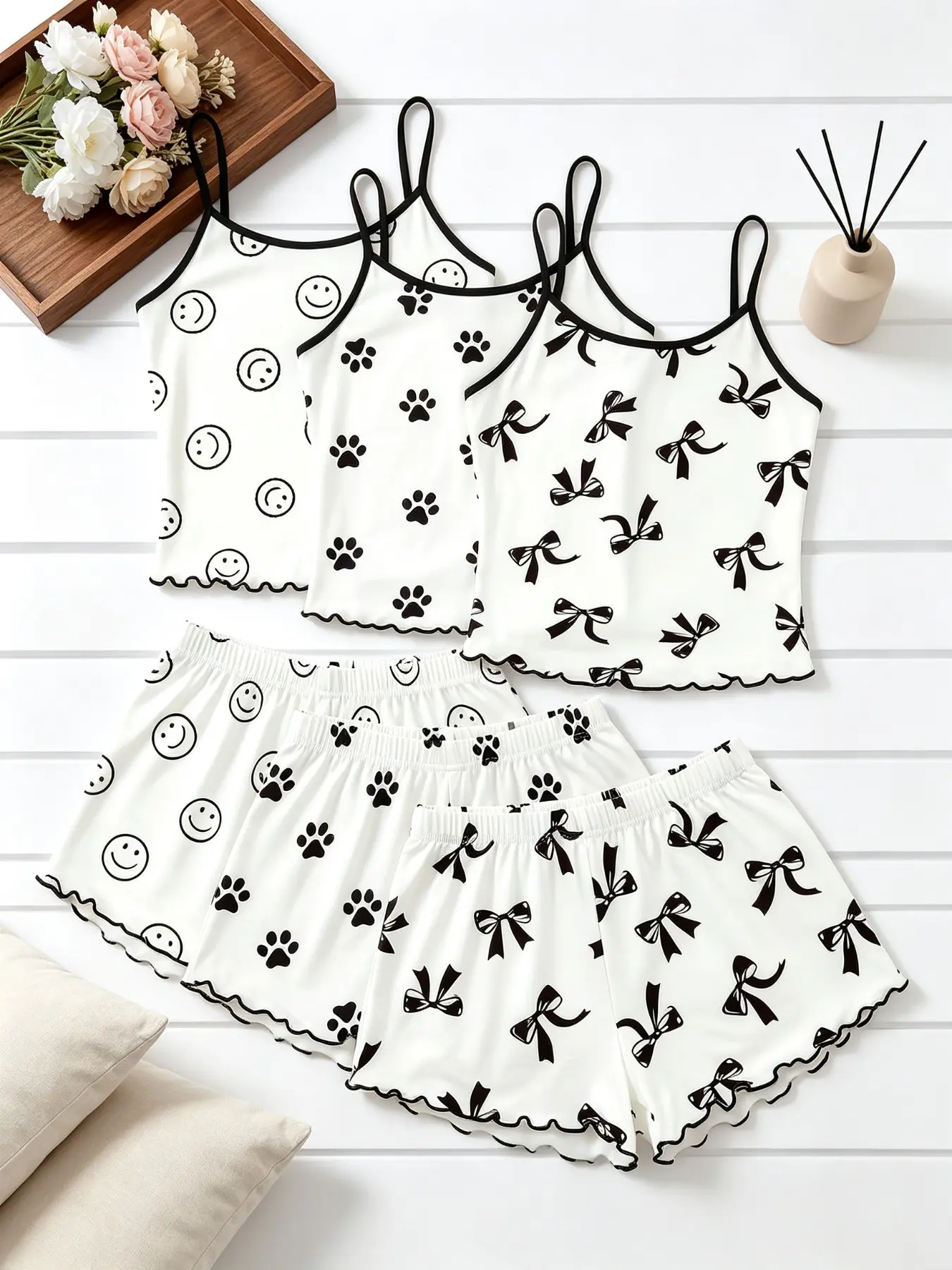 Women's Sleepwear 6 Piece Matching Bundle Minimalist Playful Aesthetic Smiley Face Paw Bow Print Summer Casual Fun Style Spaghetti Strap Lettuce Ruffle Hem Contrast Trim Silky Soft Breathable Lightweight Cami Short Pant Set Home Sleepover Lounge Wear