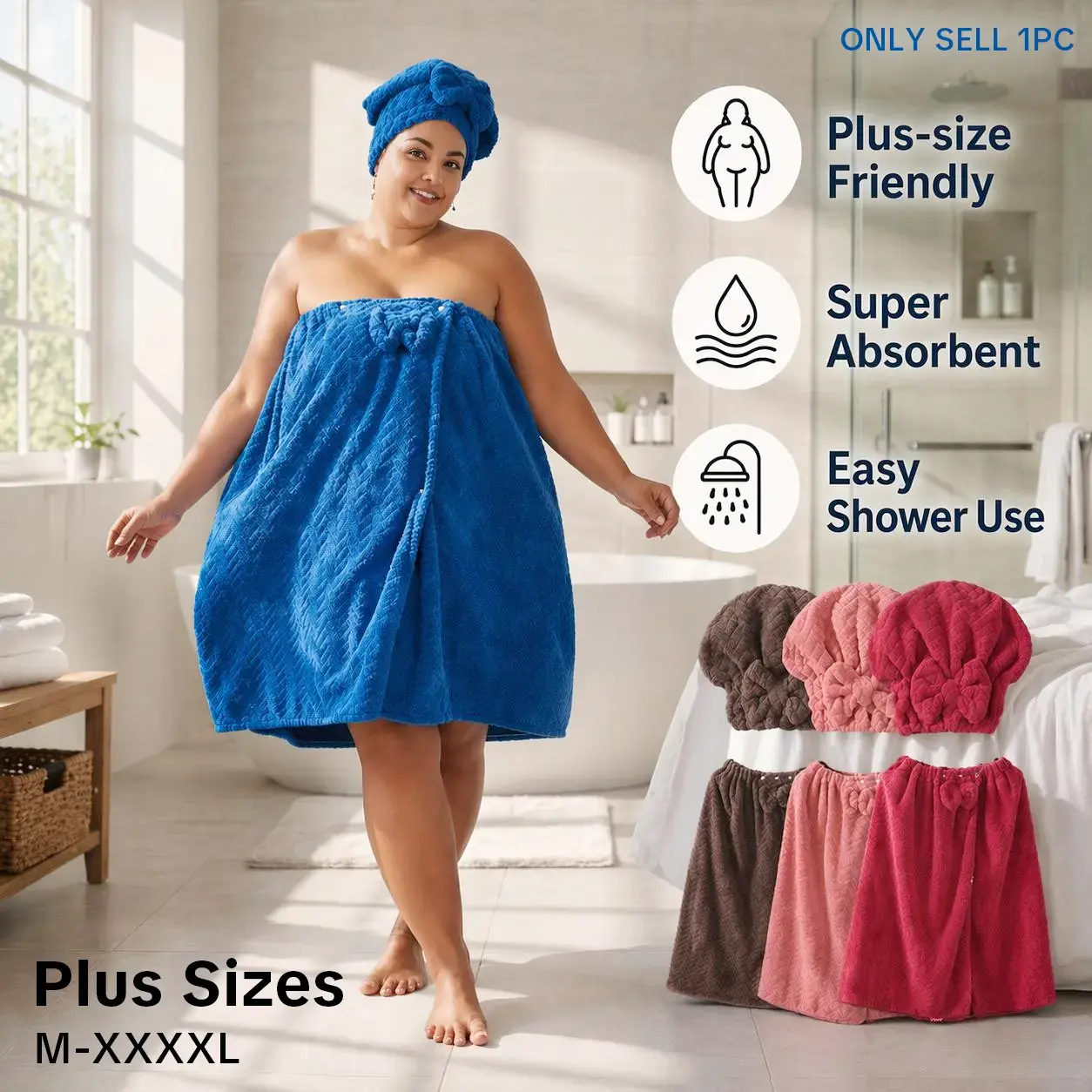 Plus Size Bath Wrap & Shower Cap Set, 2-Piece Adjustable Thick Bath Wrap & Shower Cap, Ideal for Home Use, Travel, Sauna and Spa, Home Goods #GLOBAL PICKS