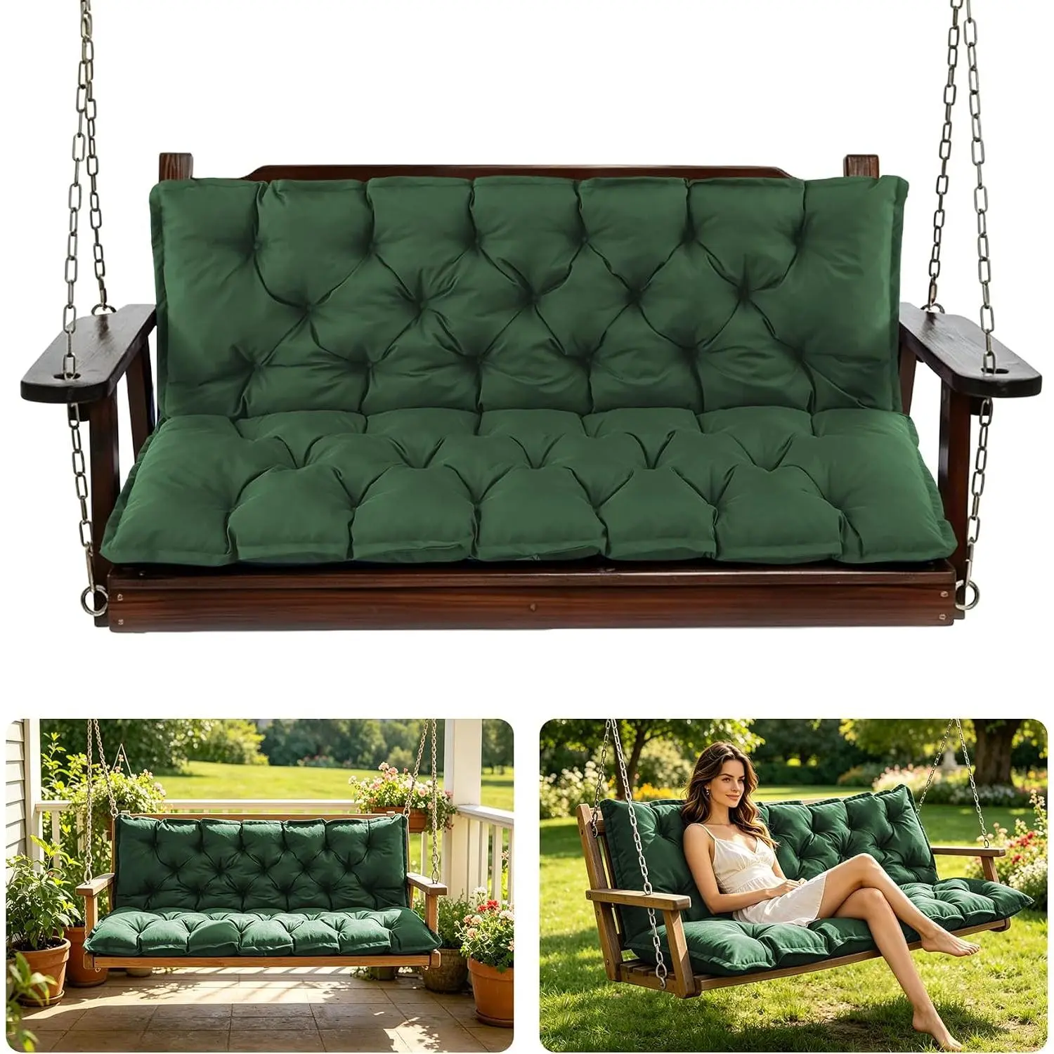 Porch Swing Cushions, 40x40 Inch Swing Cushions for Outdoor Furniture,  2 Seater Patio Seat Cushion with Backrest,  Bench Cushion for Glider, Settee, Forest Green