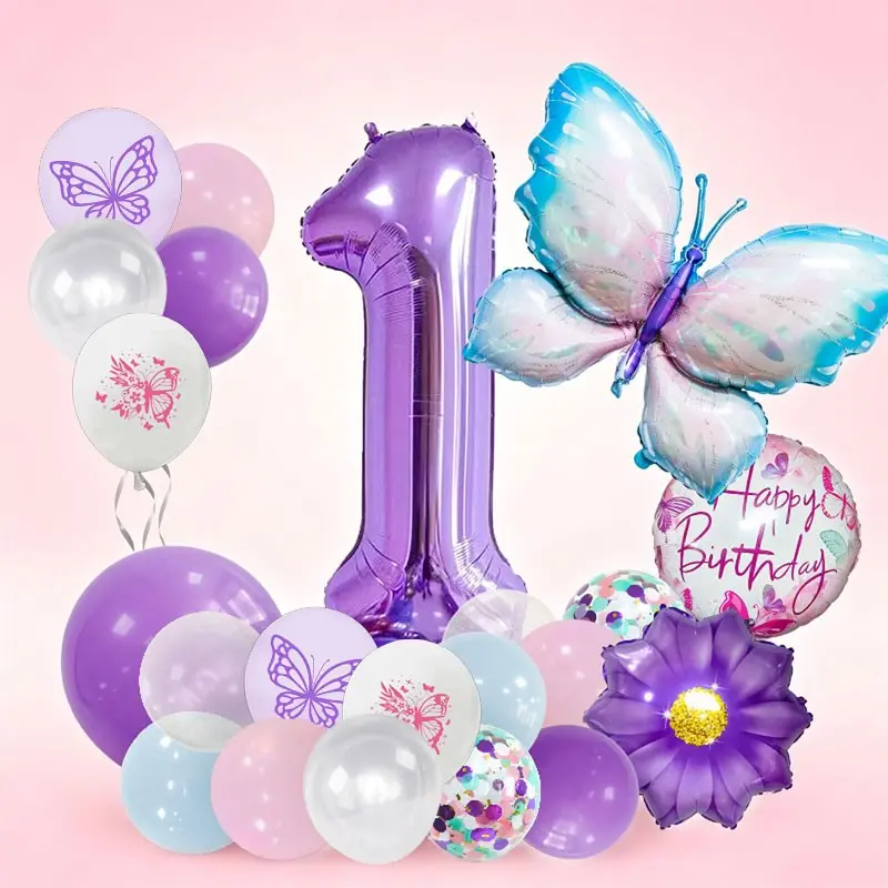 24-Piece Gradient Butterfly Flower Number Balloon Set, Aluminum Foil Balloons, Party Decorations, Birthday, Anniversary, Garden
