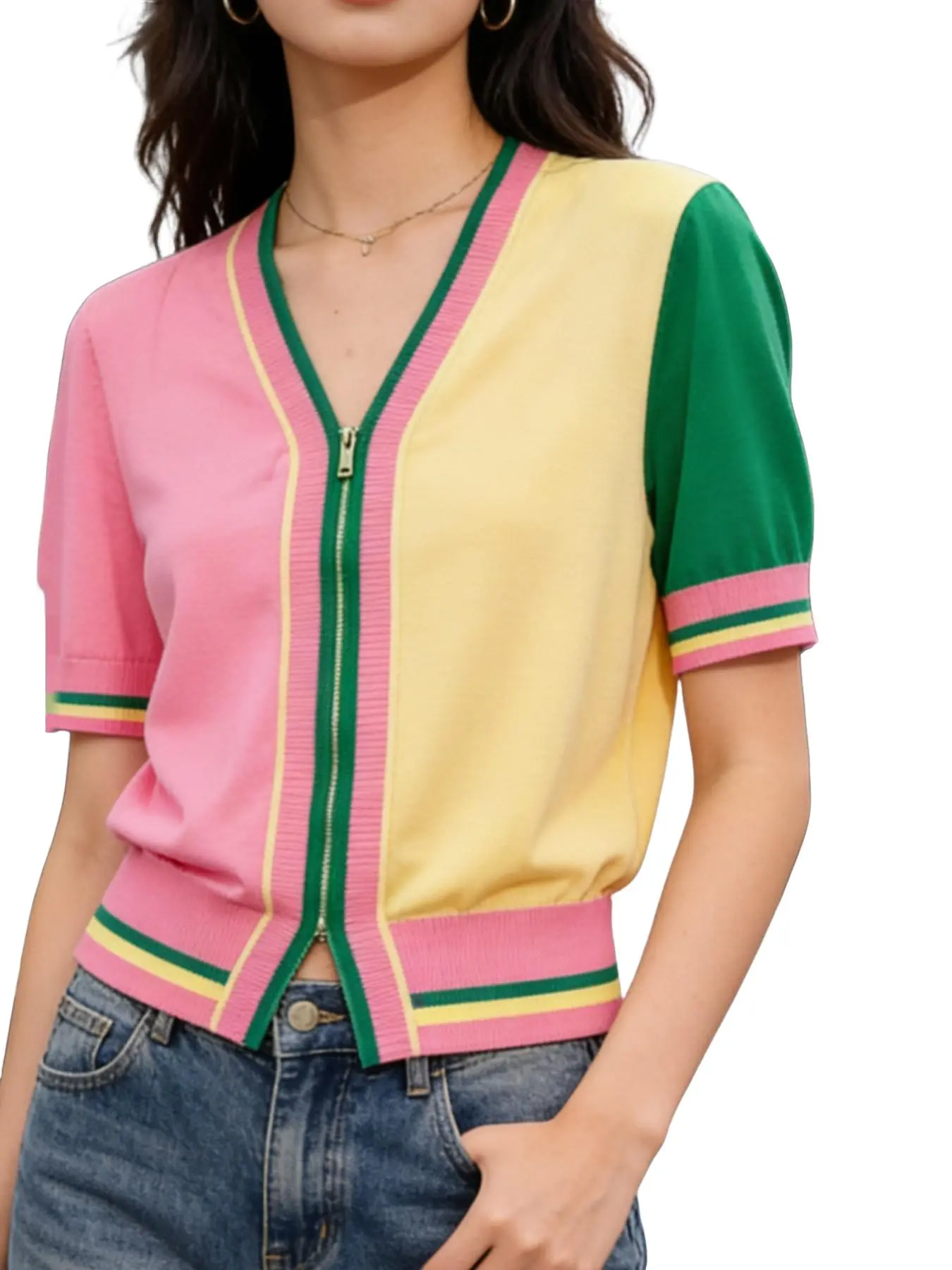 Women's Colorblock V Neck Zipper Short Sleeve Knit Cardigan Fit, Perfect for Spring and Summer, Casual Everyday Fashion Top for Daily Wear