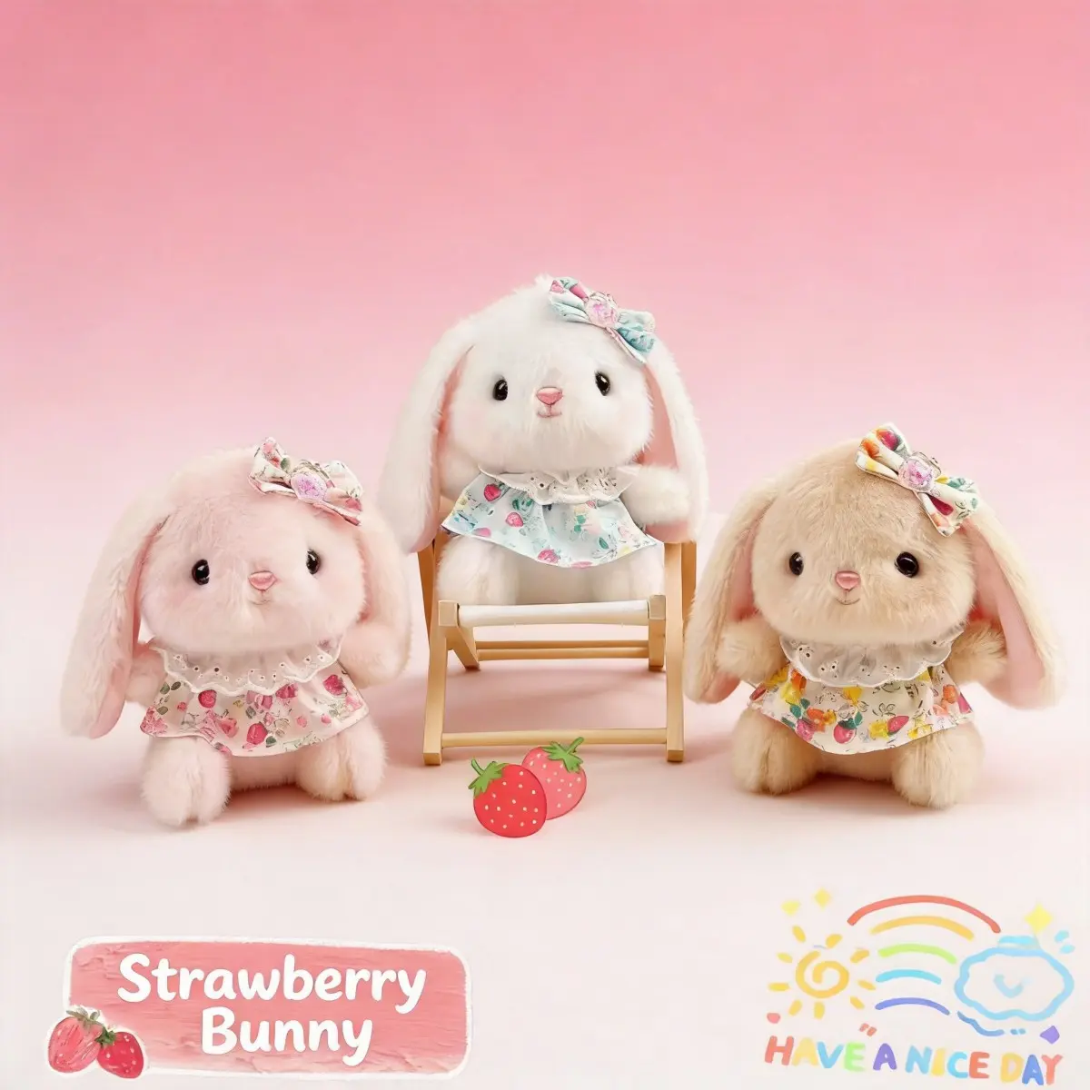 5.12 in Kawaii Strawberry Bunny Plush Charm - Soft Huggable Kawaii Stuffed Animal Plushie with Candy Bow, School Backpacks Street Style Decor, Bag Pendant Keychain, Girlfriend Birthday Gift, Cutecore