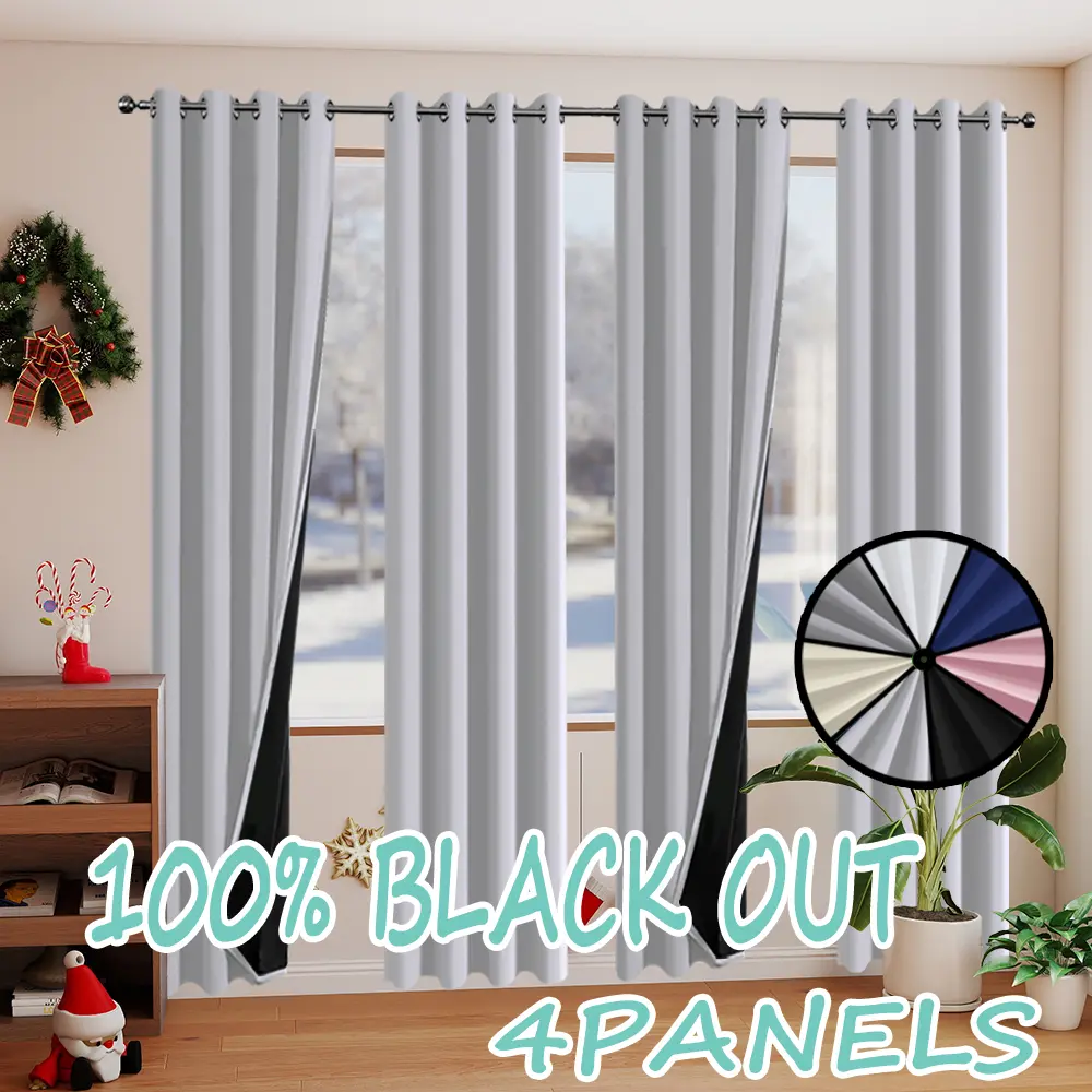 Full blackout laminated inner curtains, 4-piece set of Christmas party decoration curtains, made of simple and lightweight polyester material, with perforated suspension rings, suitable for decoration occasions such as bedrooms, living rooms, offices, kit