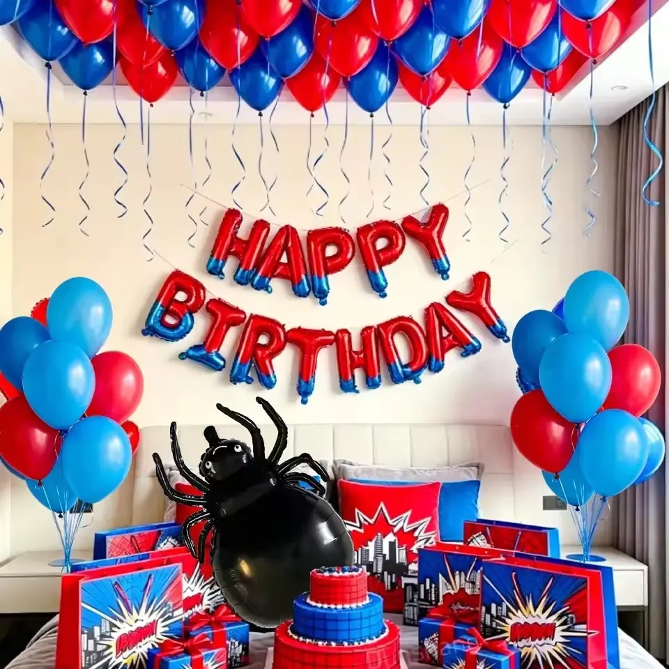 24pcs Spider Birthday Balloon Set, Hero Theme Happy Birthday Banner, Spider Aluminum Balloons, and Blue Latex Balloons Decorations