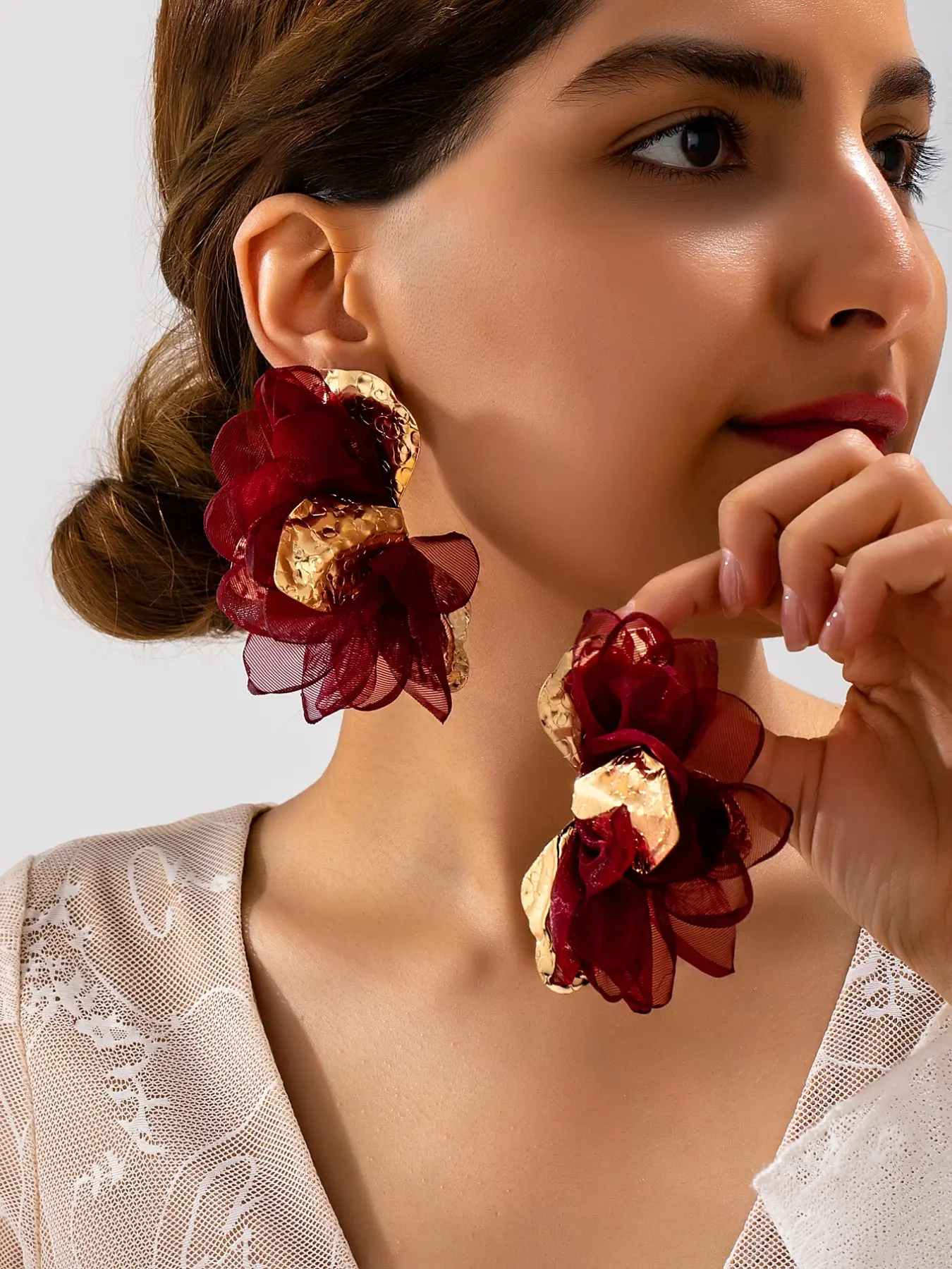 Burgundy Organza Flower Earrings with Hammered Gold Petal, Elegant Large Floral Studs for Women, Party & Wedding Statement Jewelry