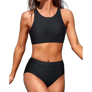 Tempt Me Women High Waisted Bikini Two Piece Swimsuits High Neck Crop Top Racerback Sporty Bathing Suits for Teen Girls DealsForYouDays