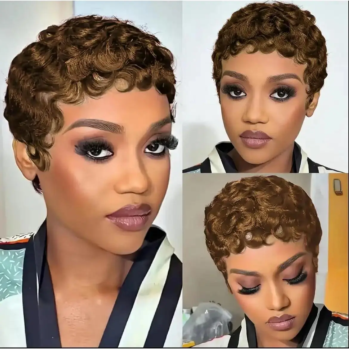 Shewell Women's Pixie Cut Curly Wig 6in Human Hair Full Machine Wig Curly Wigs Human Hair