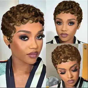 Shewell Women's Pixie Cut Curly Wig 6in Human Hair Full Machine Wig Curly Wigs Human Hair